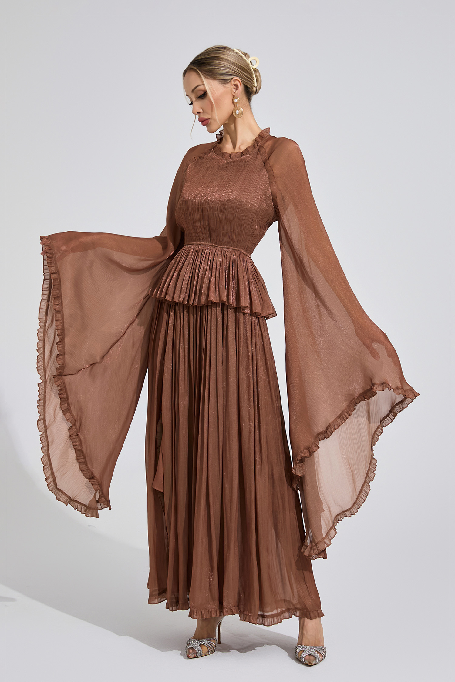 Peninsula Brown Flounce Maxi Dress