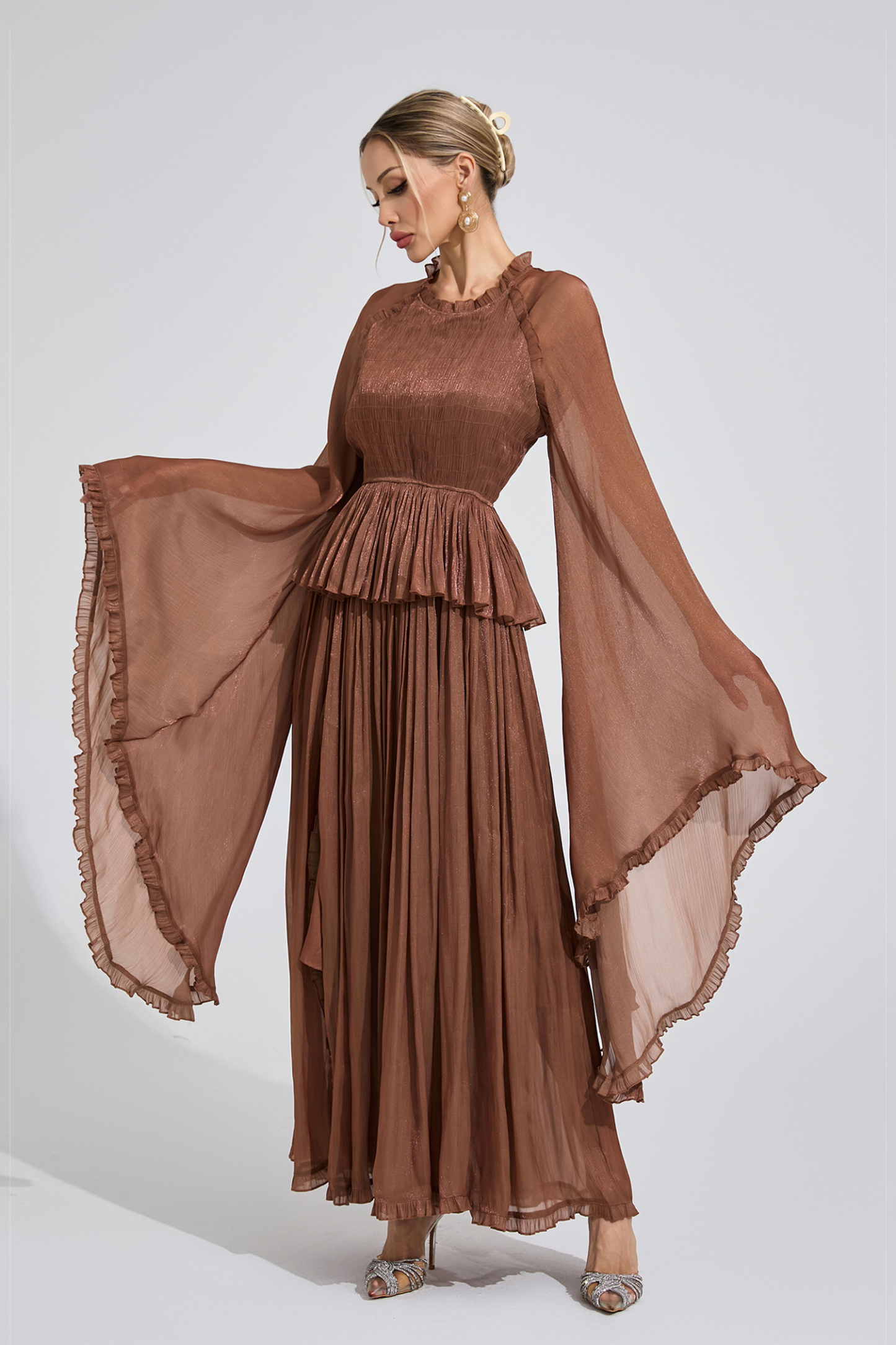Peninsula Brown Flounce Maxi Dress