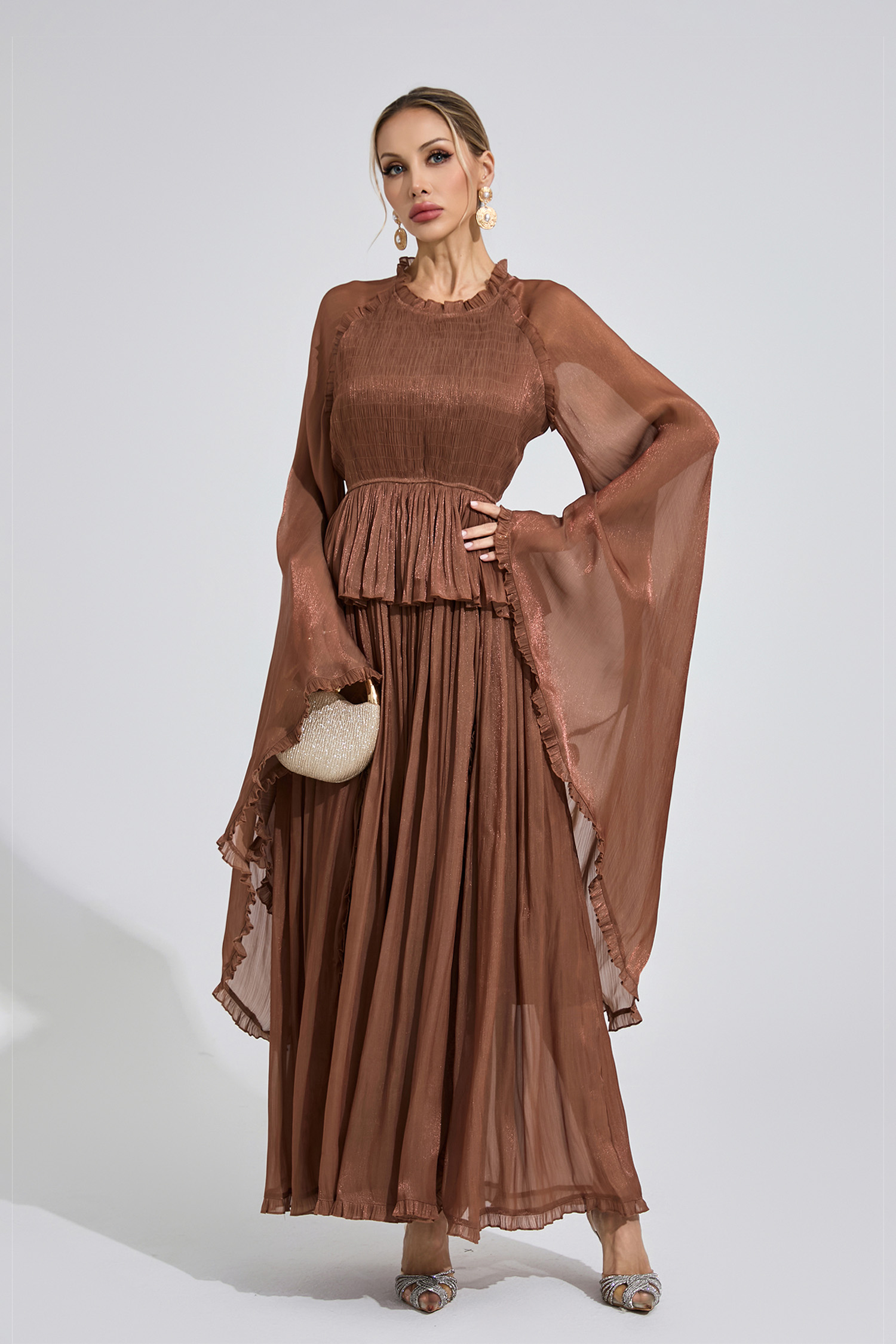 Peninsula Brown Flounce Maxi Dress