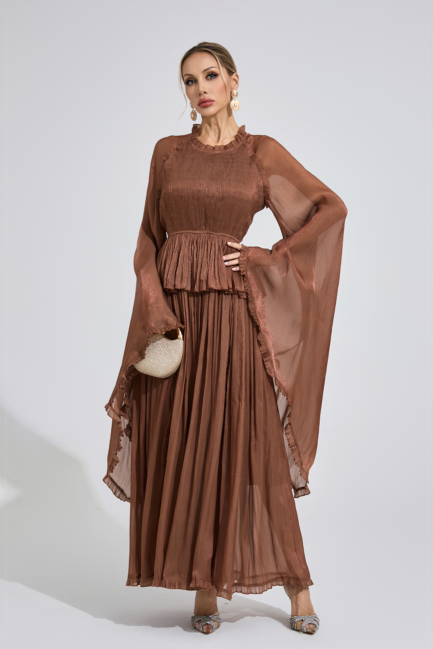 Peninsula Brown Flounce Maxi Dress