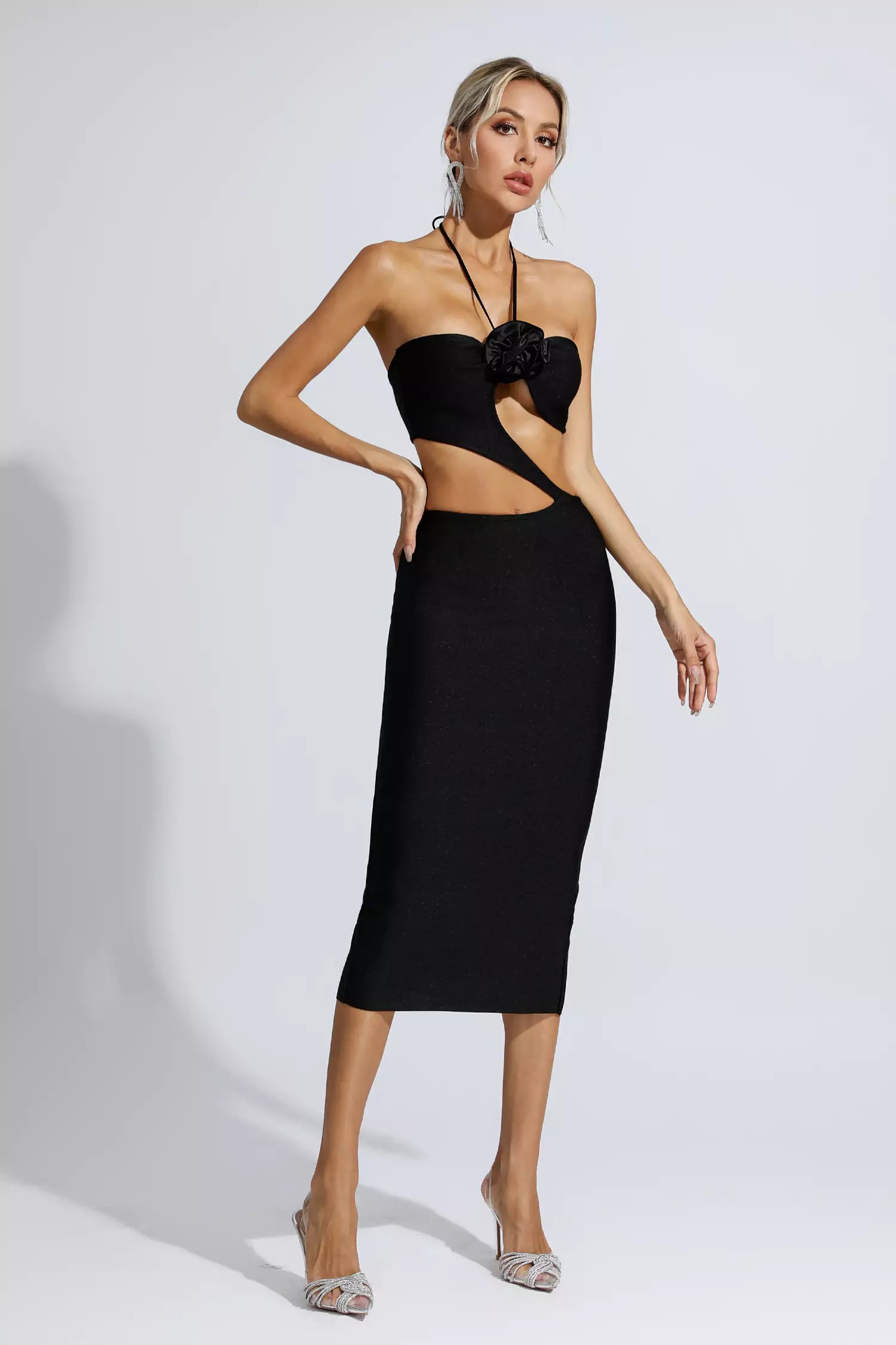 Vito Black Floral Cutout Midi Dress