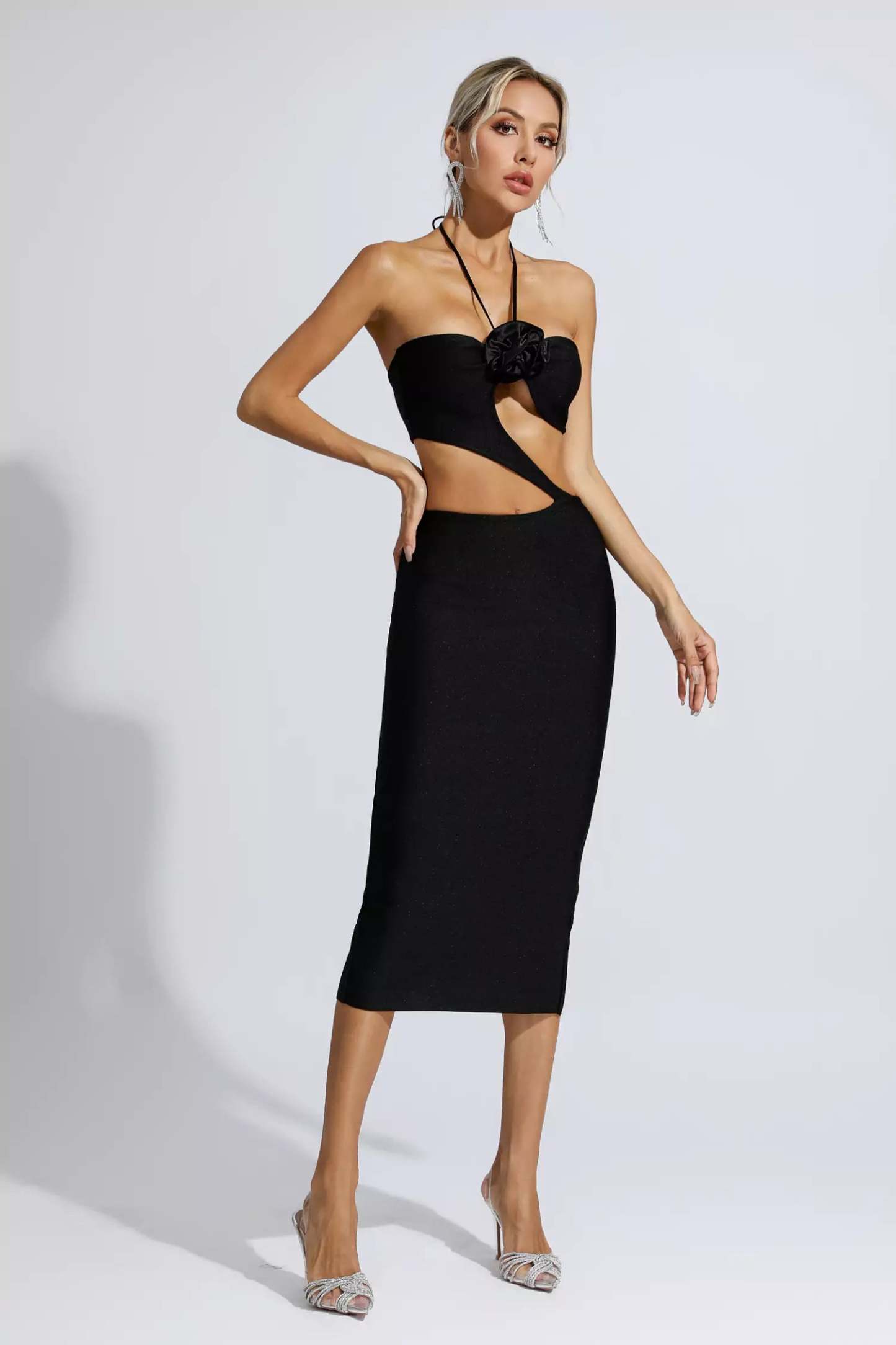 Vito Black Floral Cutout Midi Dress