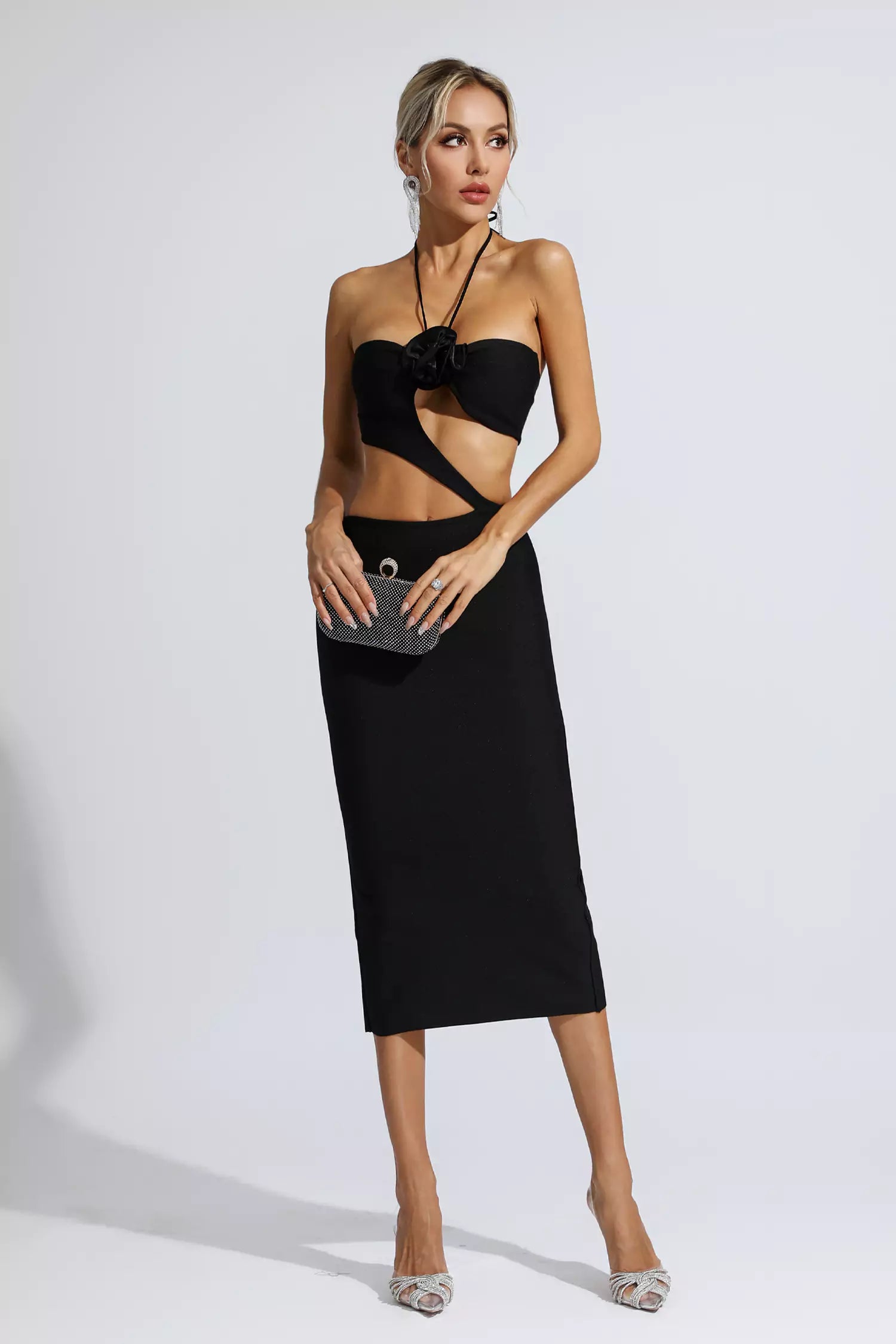 Vito Black Floral Cutout Midi Dress