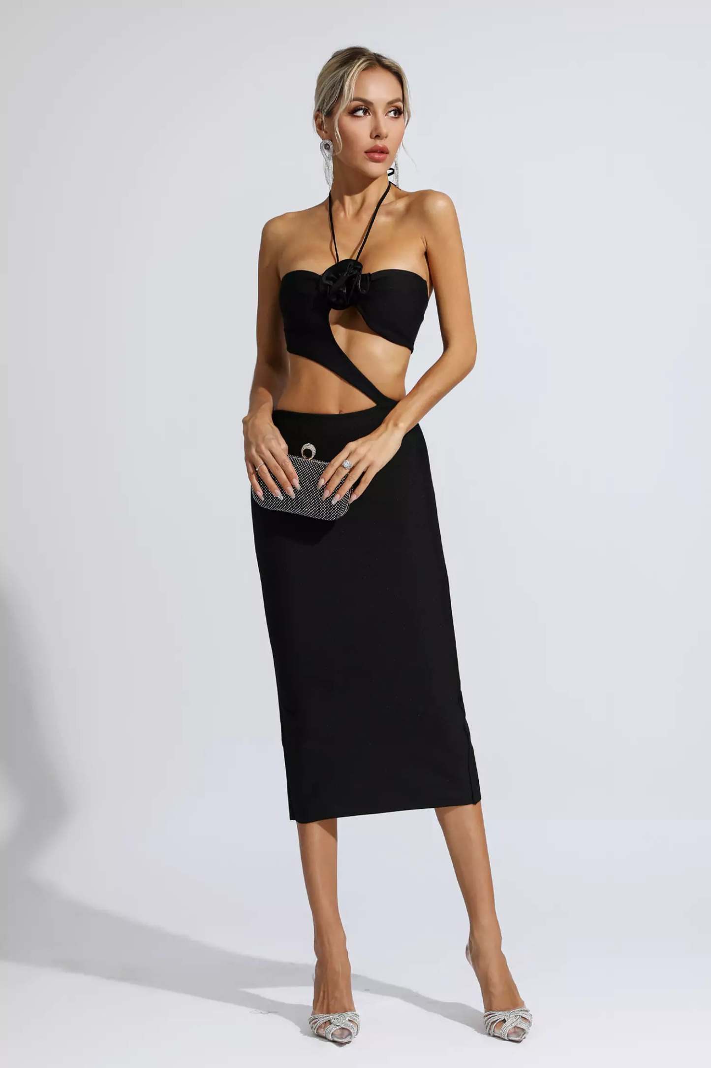 Vito Black Floral Cutout Midi Dress