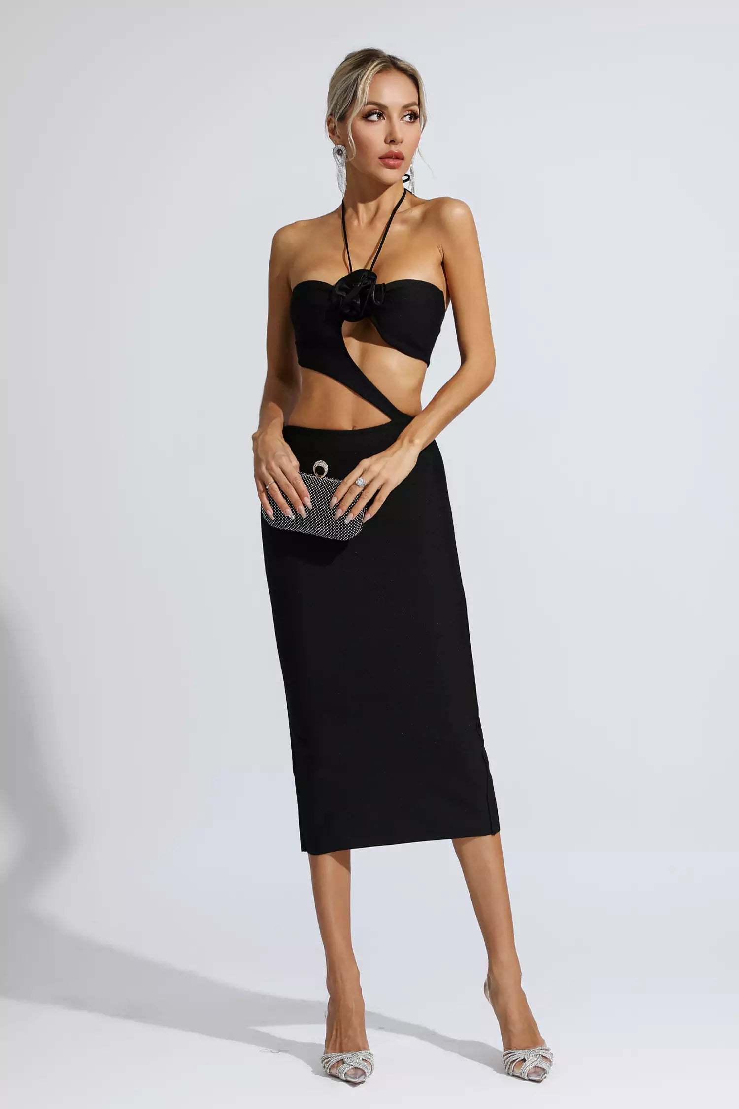 Vito Black Floral Cutout Midi Dress
