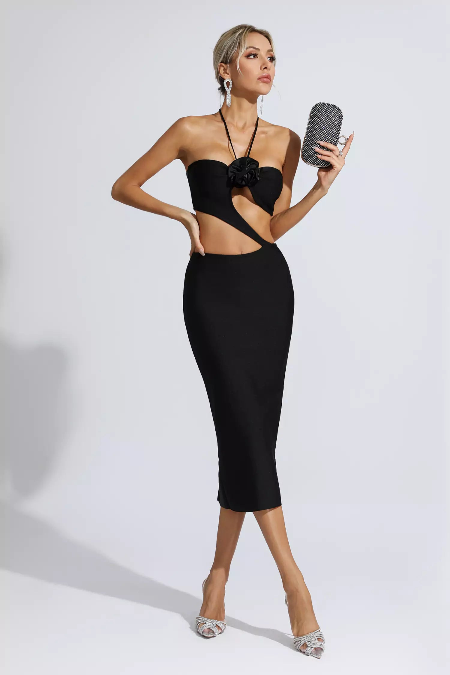 Vito Black Floral Cutout Midi Dress