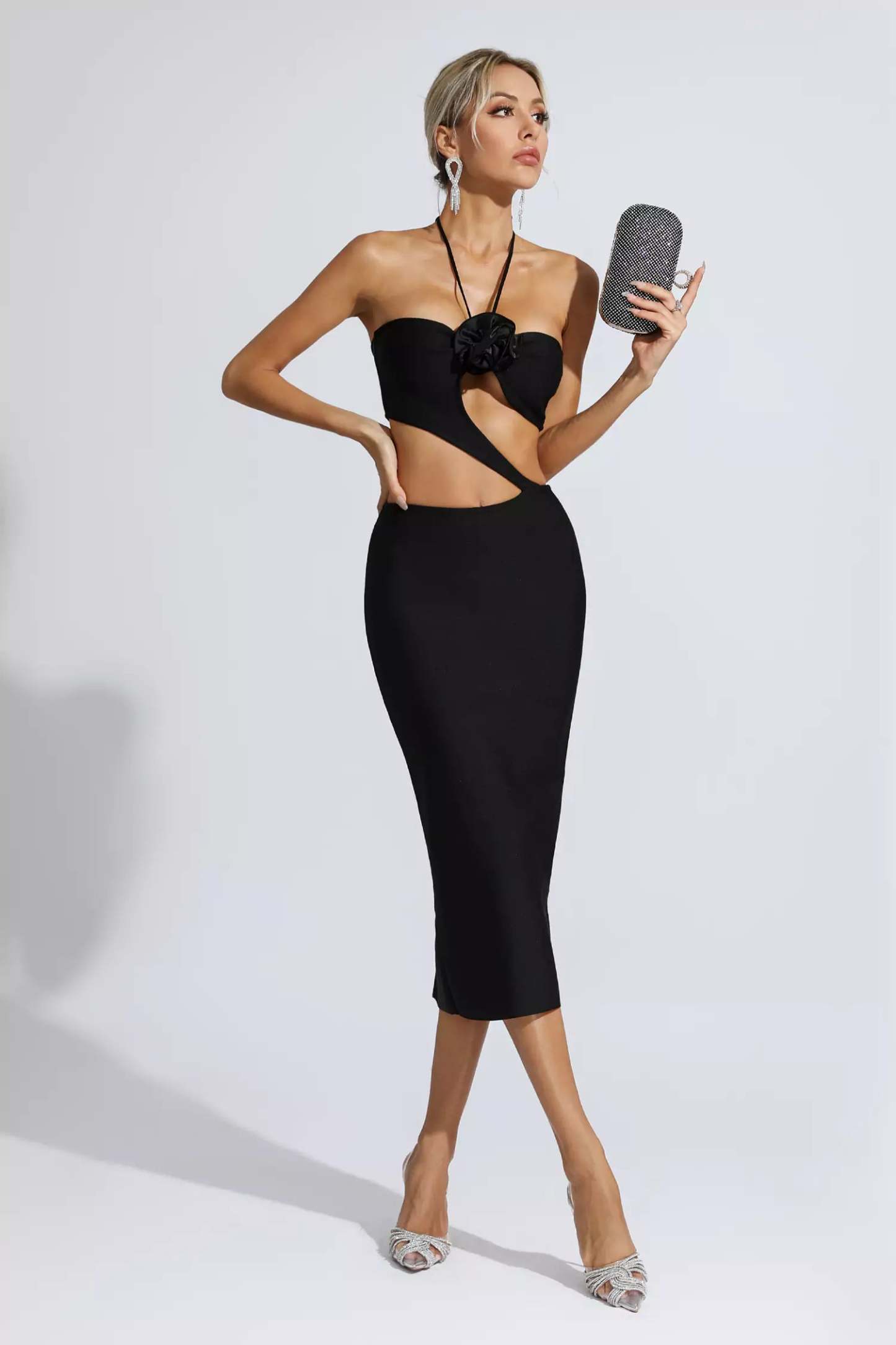 Vito Black Floral Cutout Midi Dress
