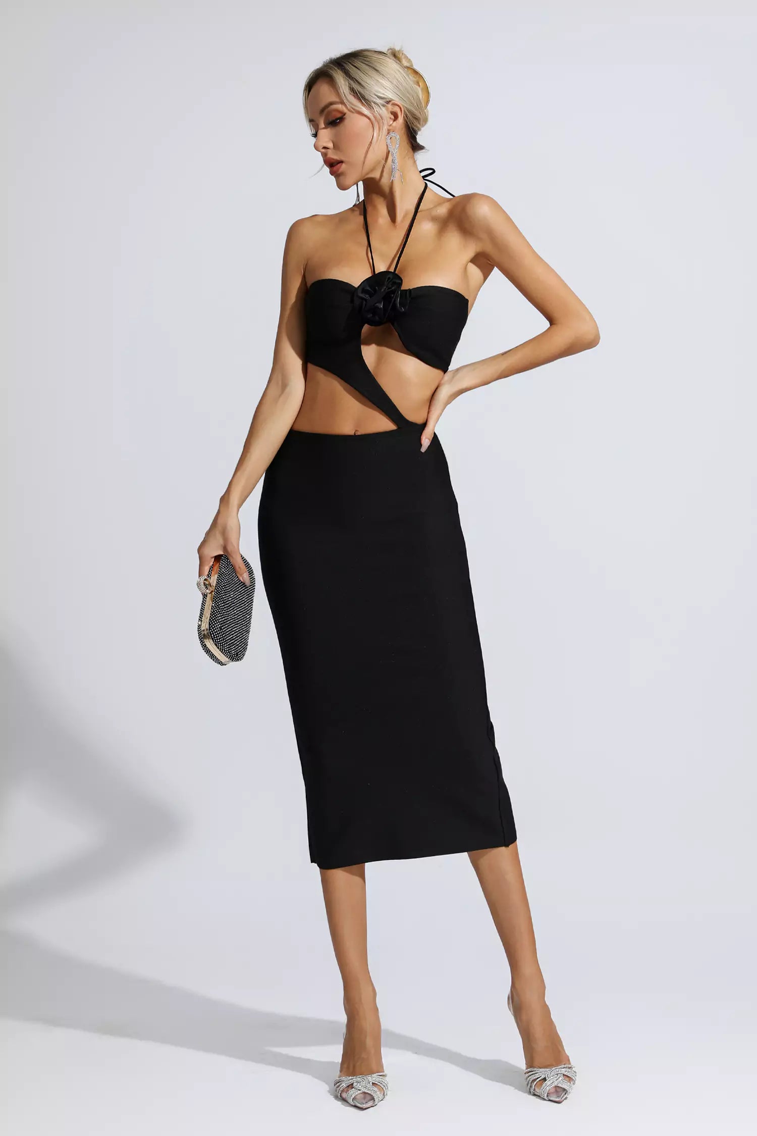 Vito Black Floral Cutout Midi Dress