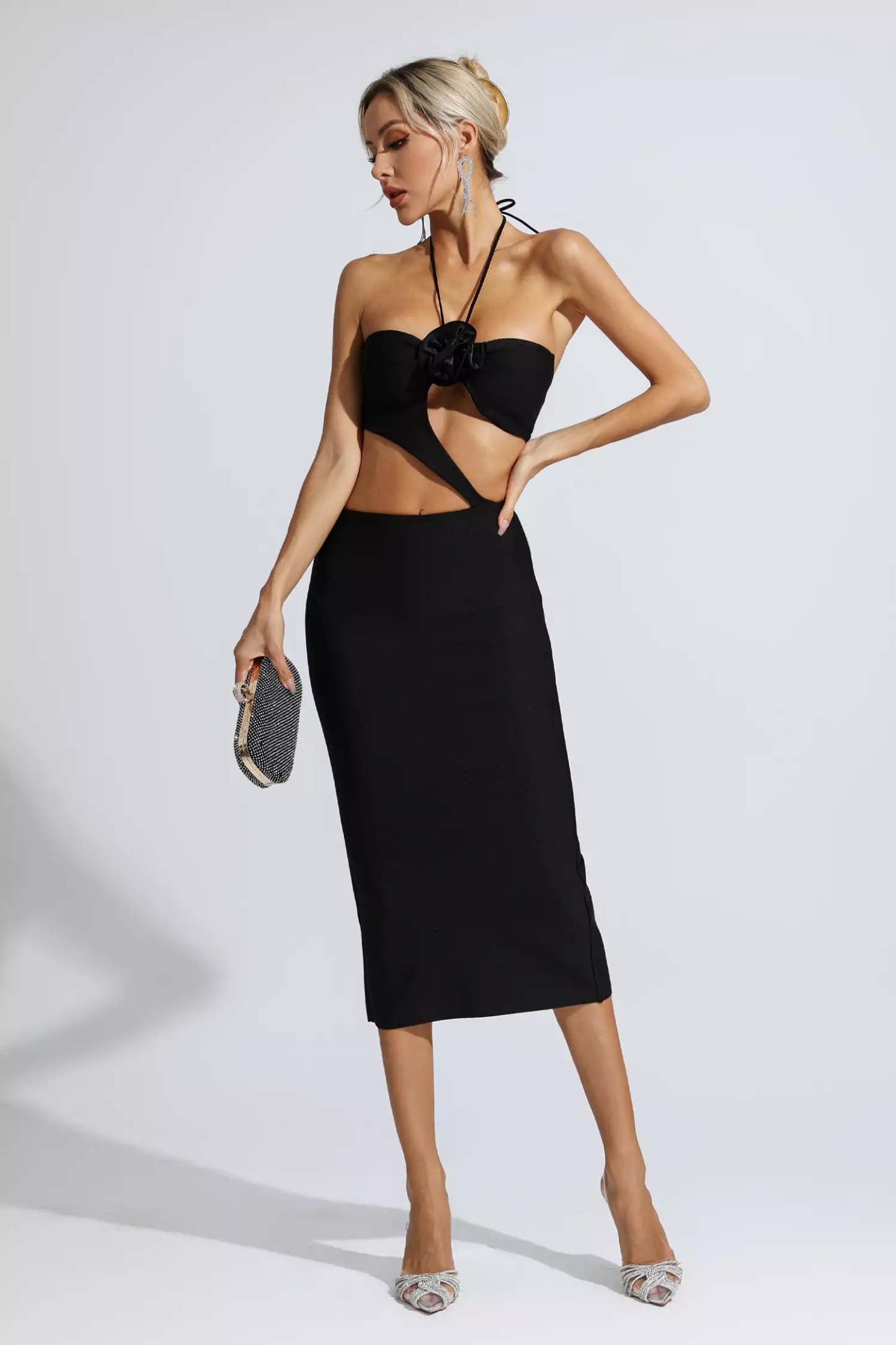Vito Black Floral Cutout Midi Dress