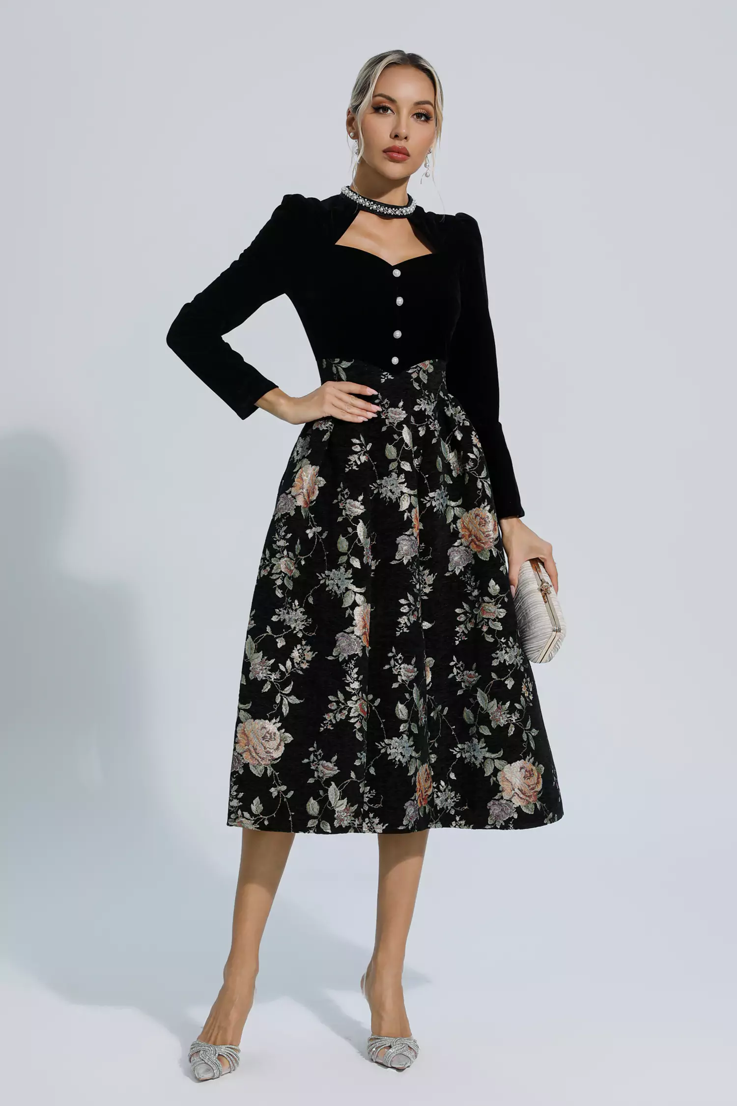 Tammy Black Waist Floral Long Sleeve Dress