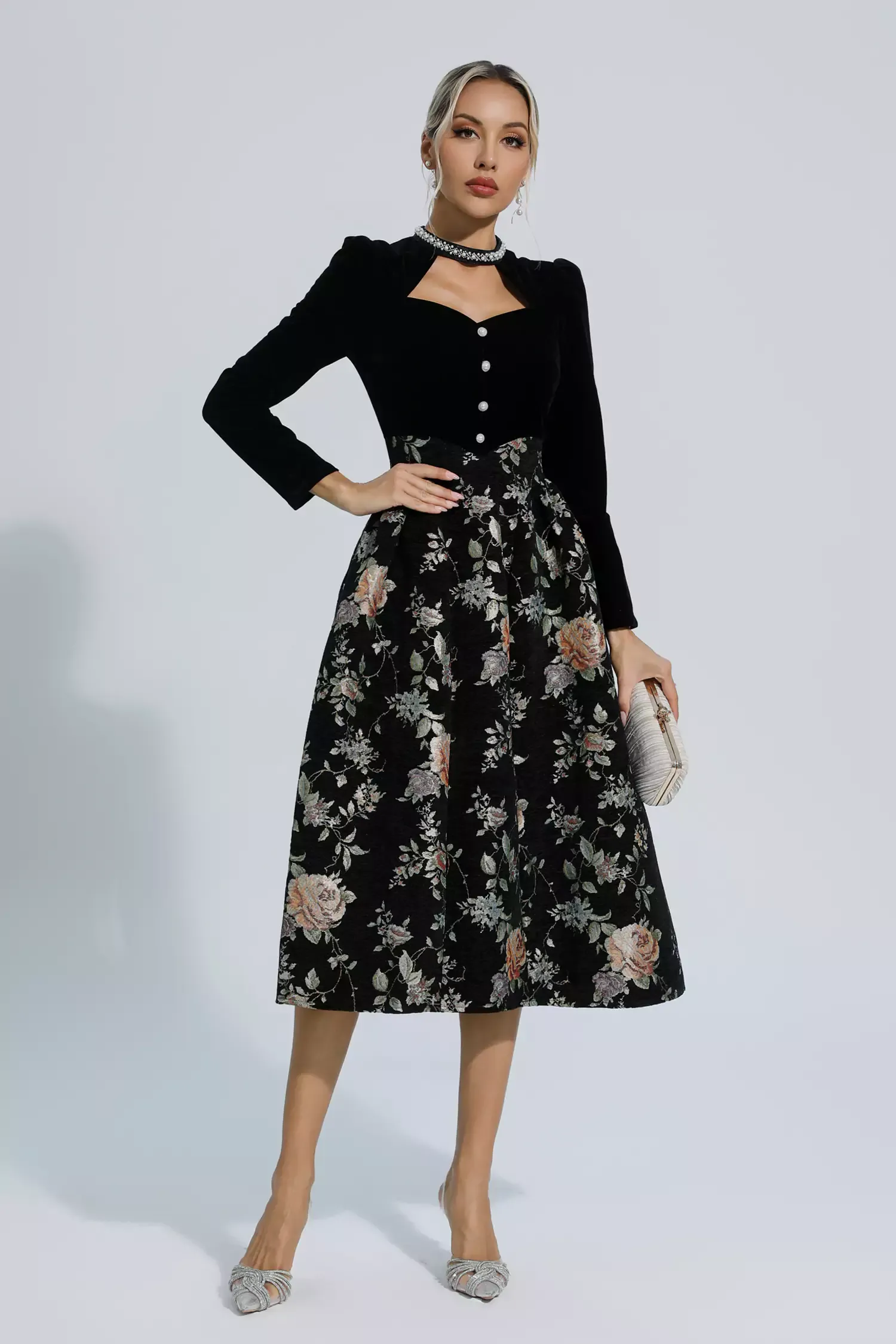 Tammy Black Waist Floral Long Sleeve Dress