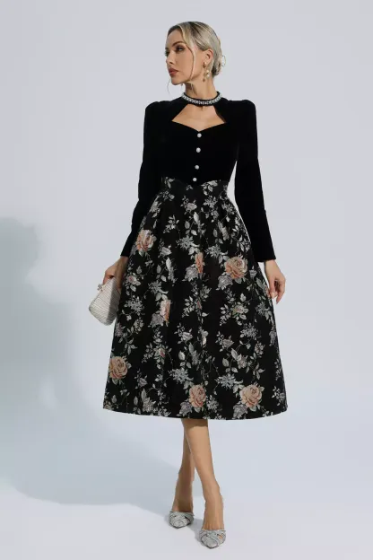 Tammy Black Waist Floral Long Sleeve Dress