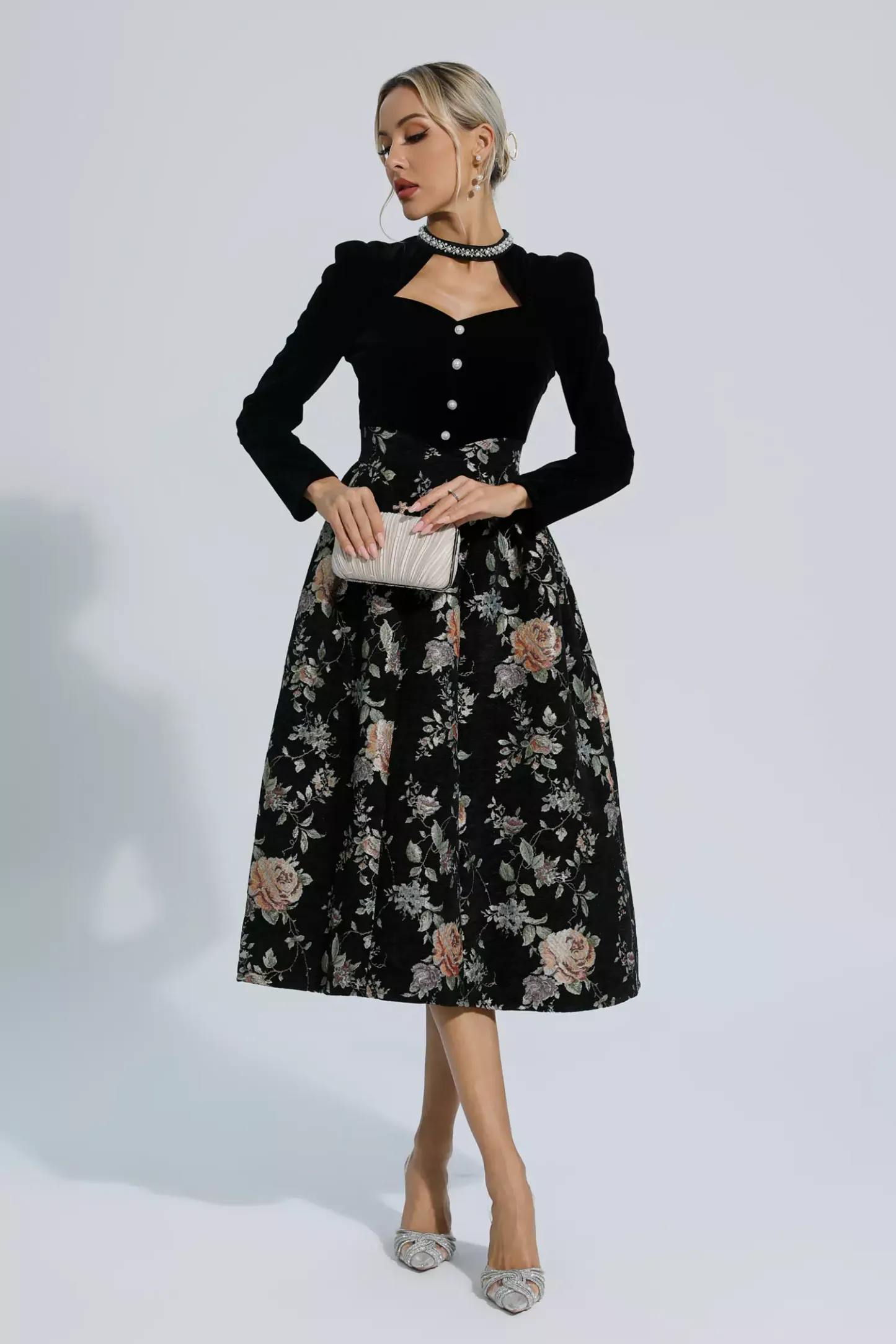 Tammy Black Waist Floral Long Sleeve Dress