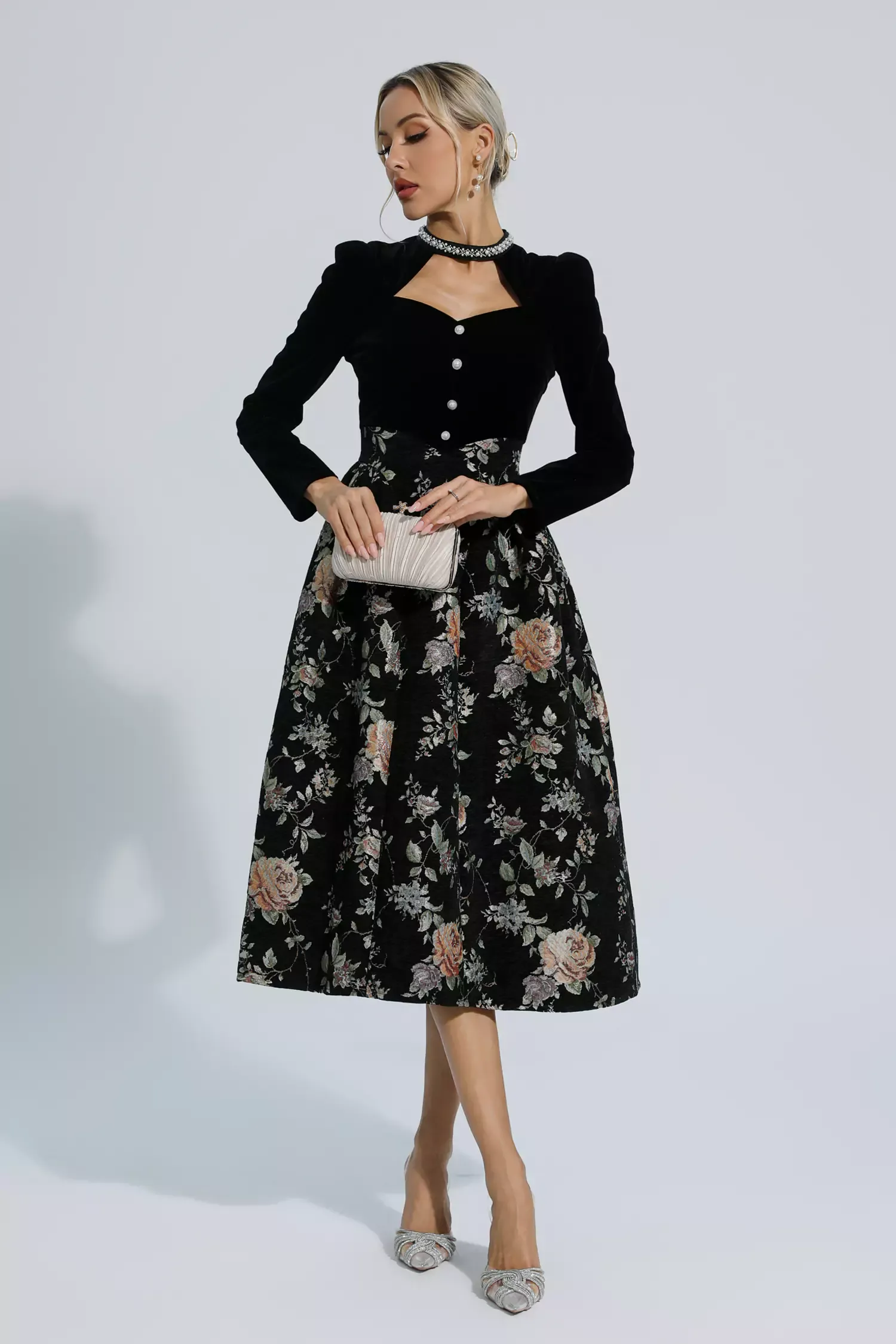 Tammy Black Waist Floral Long Sleeve Dress