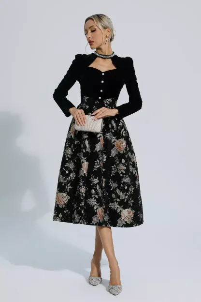 Tammy Black Waist Floral Long Sleeve Dress