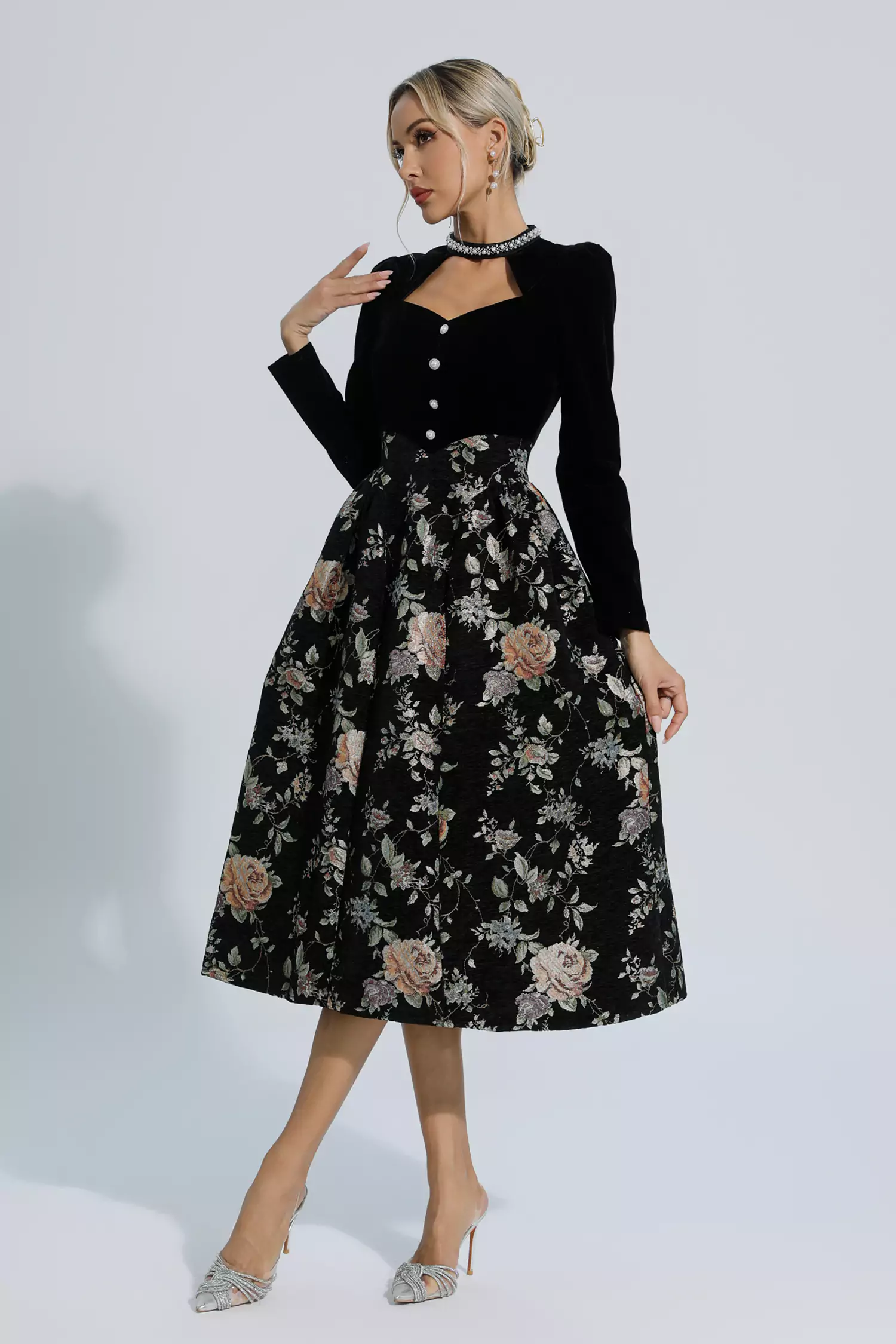 Tammy Black Waist Floral Long Sleeve Dress