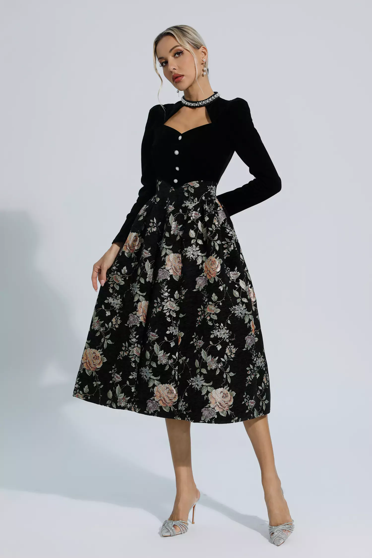 Tammy Black Waist Floral Long Sleeve Dress
