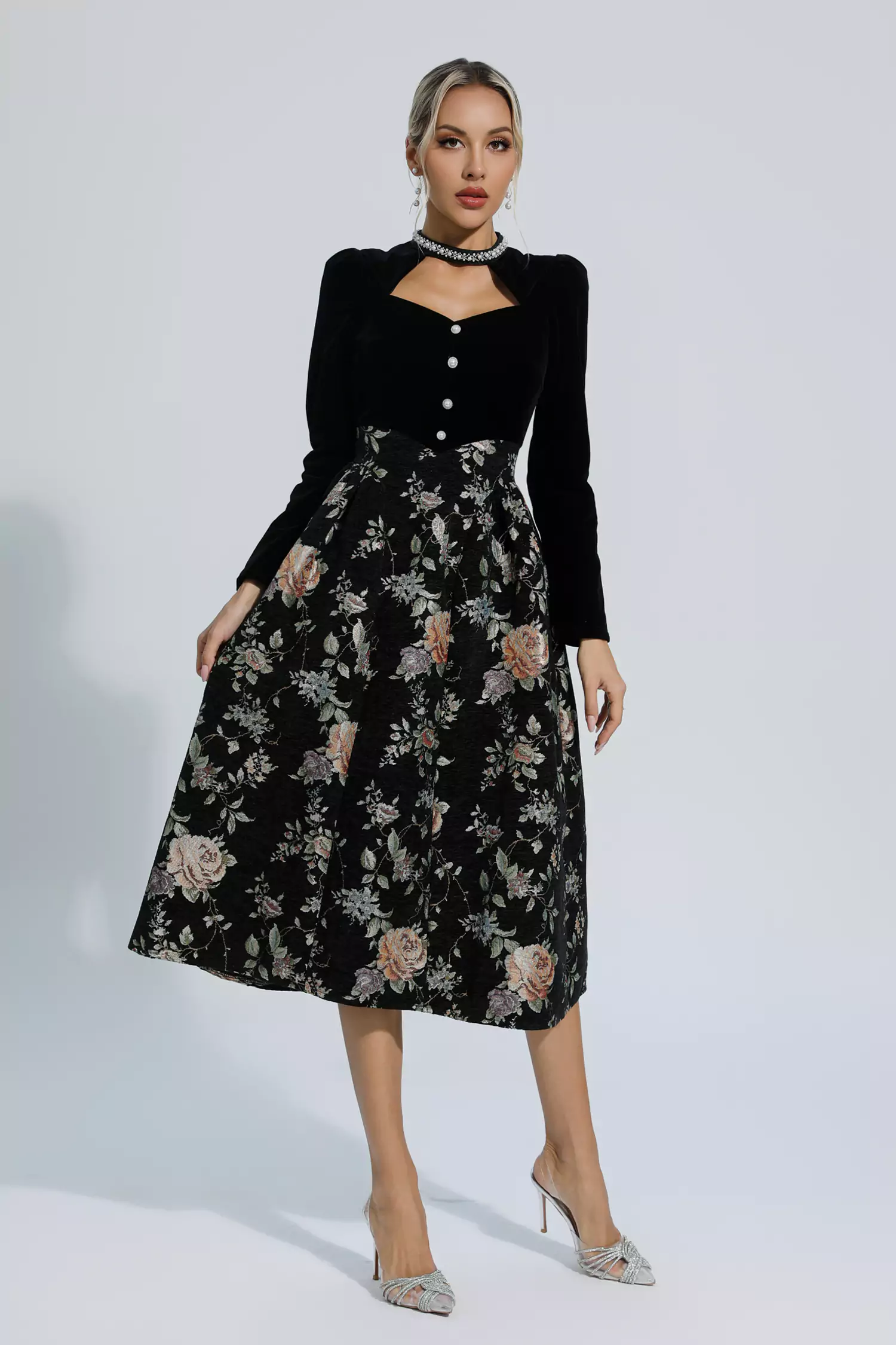 Tammy Black Waist Floral Long Sleeve Dress