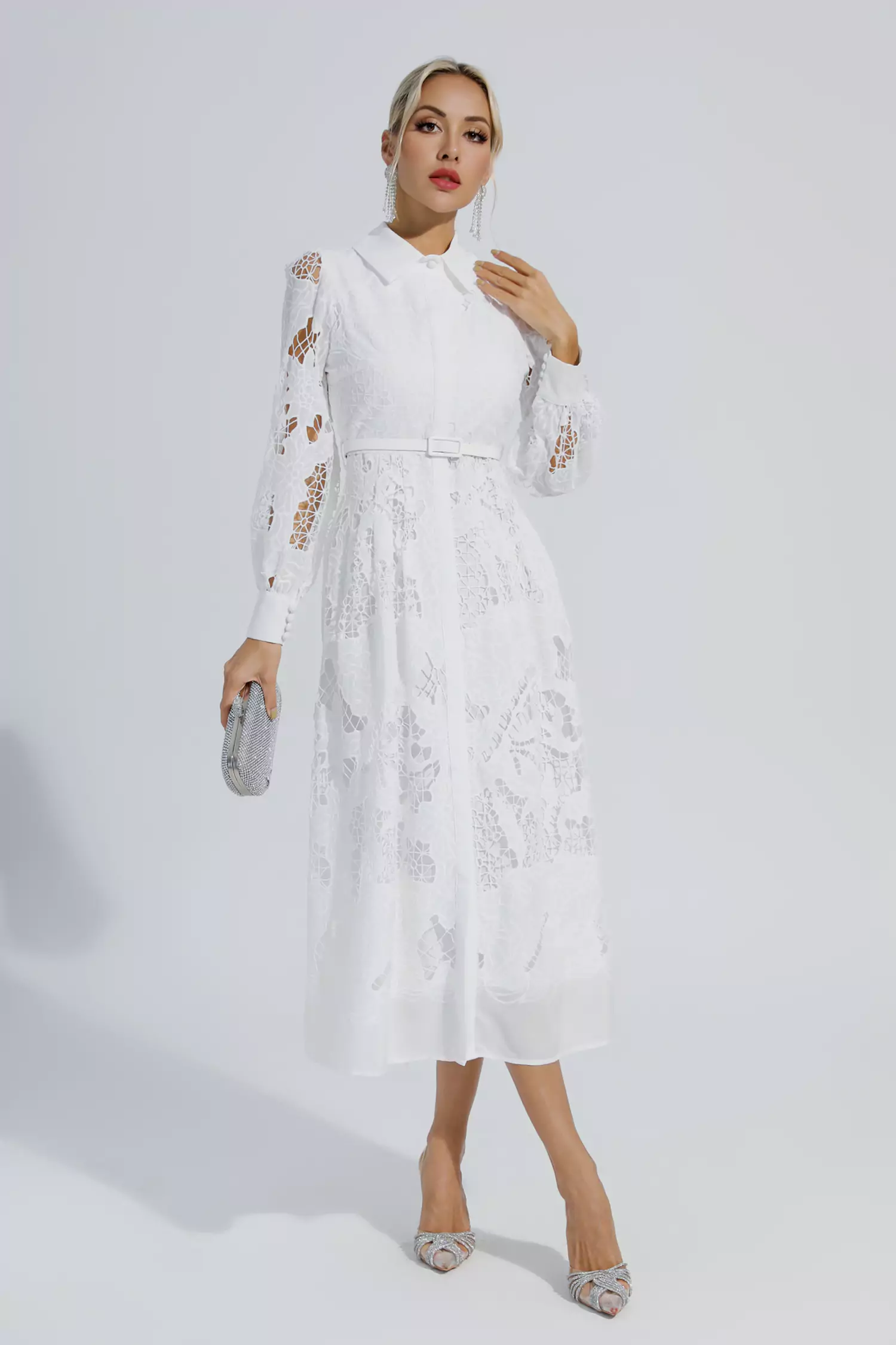 Stevenson White Hollow Long Sleeve Midi Dress