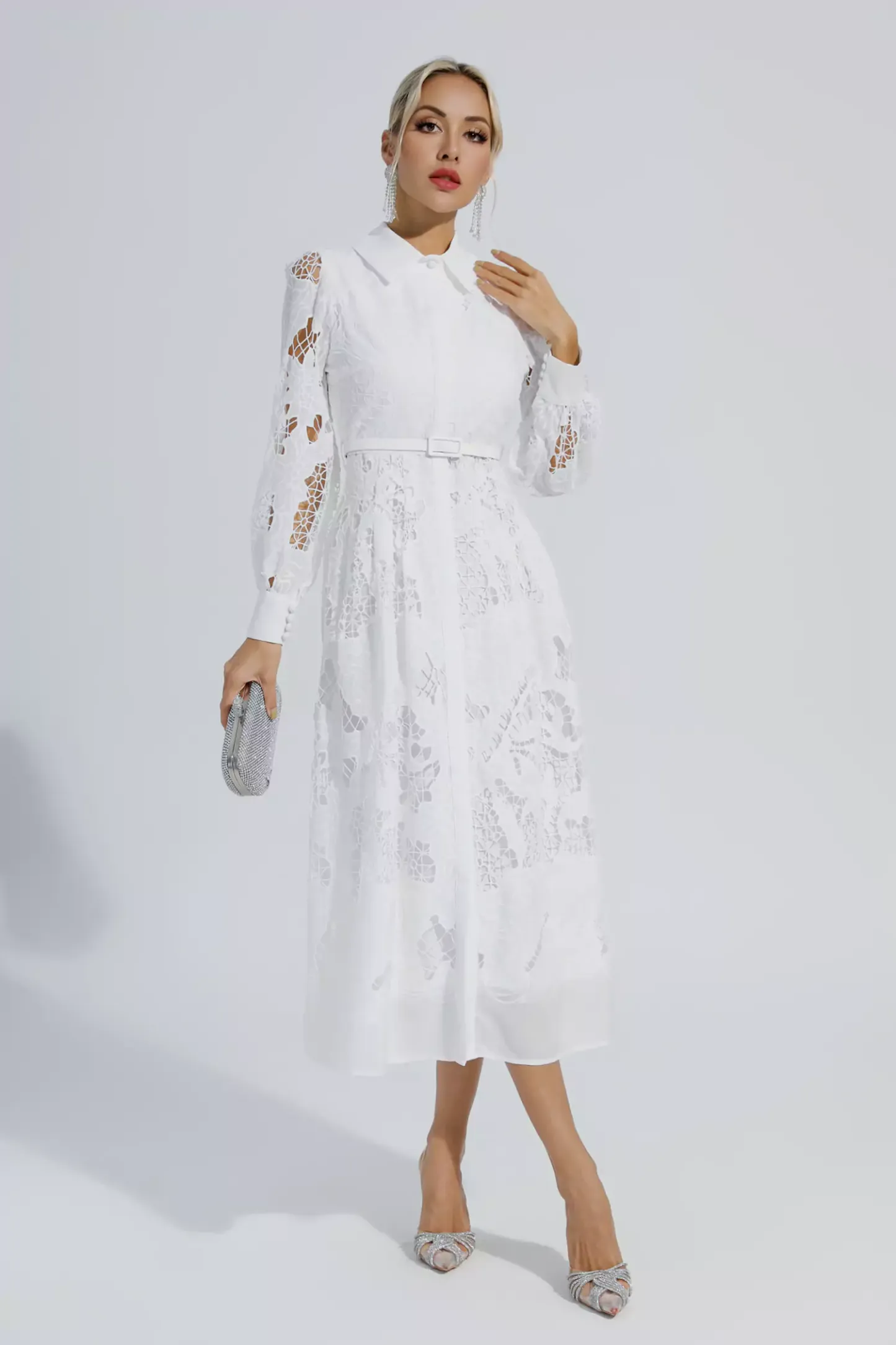 Stevenson White Hollow Long Sleeve Midi Dress