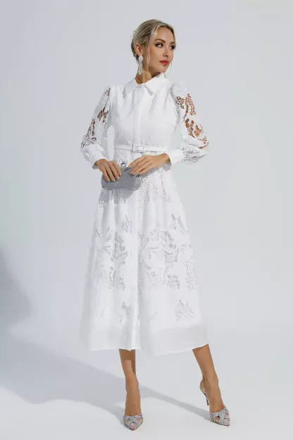 Stevenson White Hollow Long Sleeve Midi Dress