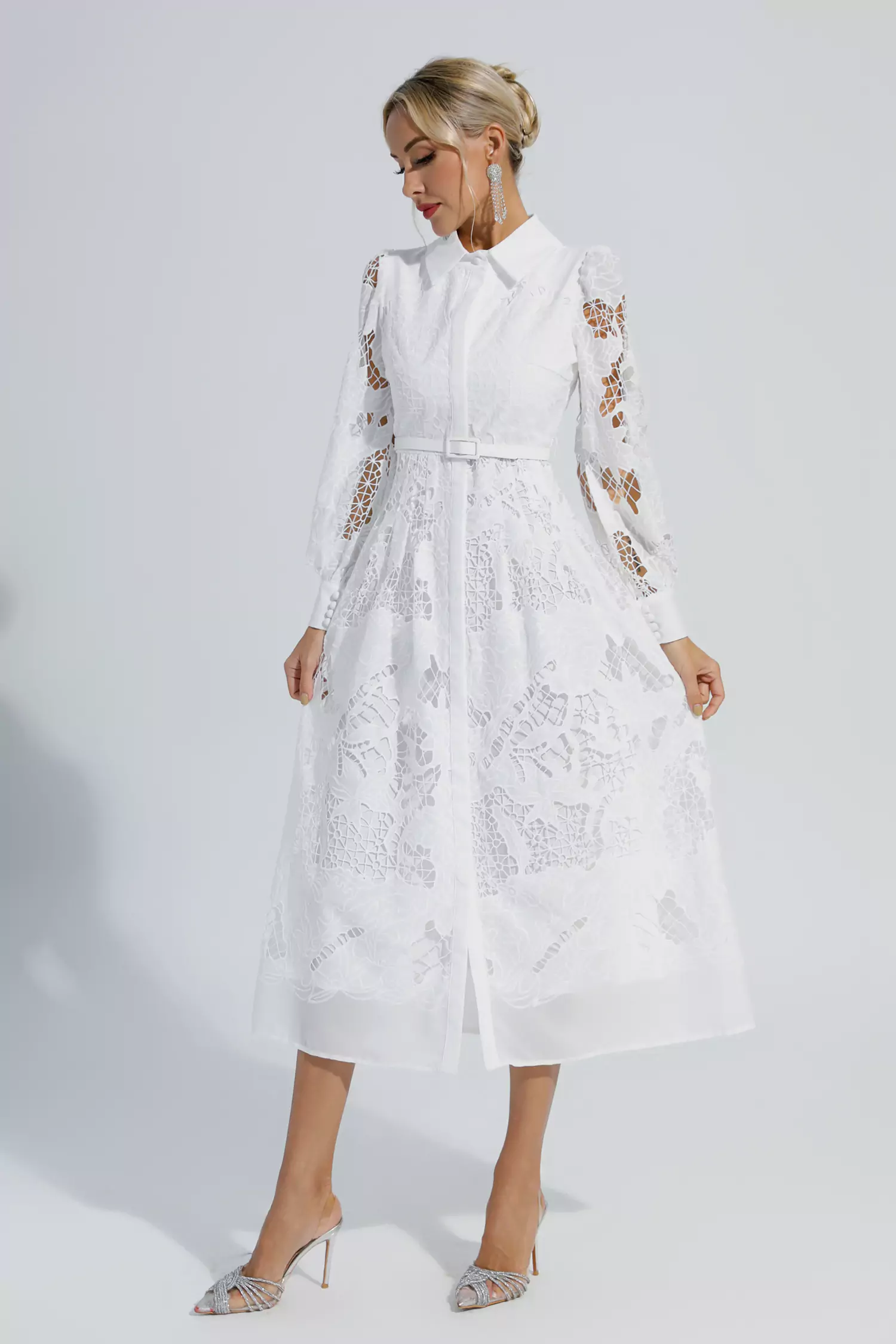 Stevenson White Hollow Long Sleeve Midi Dress