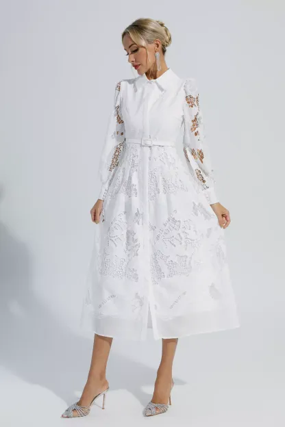 Stevenson White Hollow Long Sleeve Midi Dress