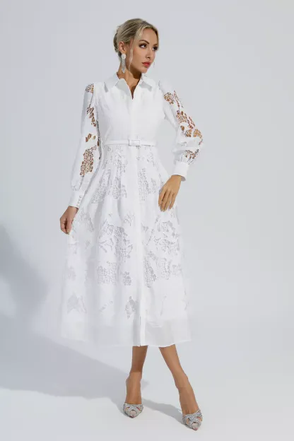 Stevenson White Hollow Long Sleeve Midi Dress