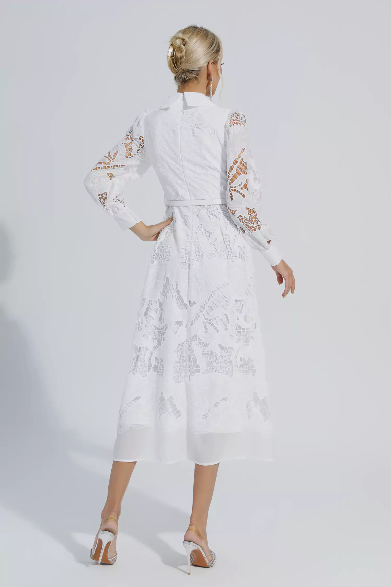 Stevenson White Hollow Long Sleeve Midi Dress