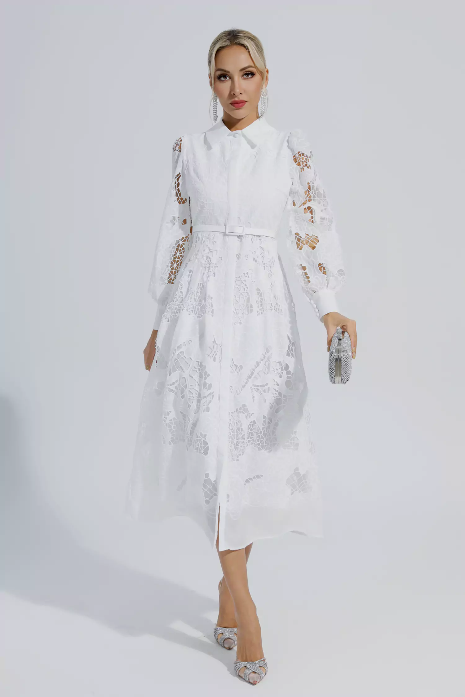 Stevenson White Hollow Long Sleeve Midi Dress