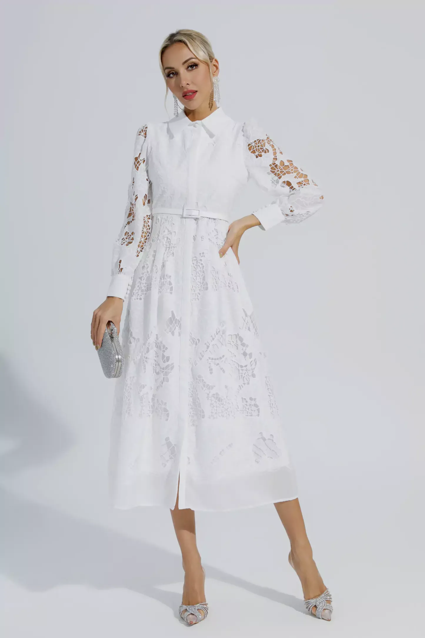 Stevenson White Hollow Long Sleeve Midi Dress