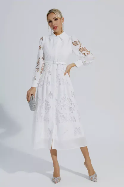 Stevenson White Hollow Long Sleeve Midi Dress
