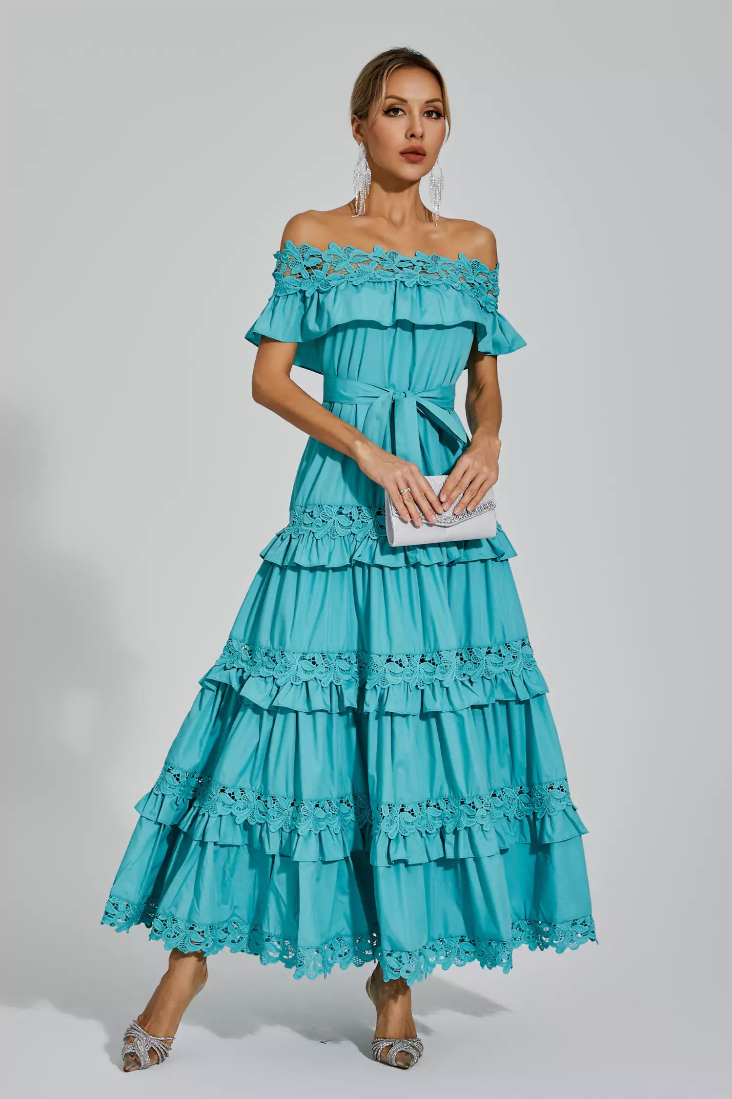 Godfery Blue Ruffle Off Shoulder Dress