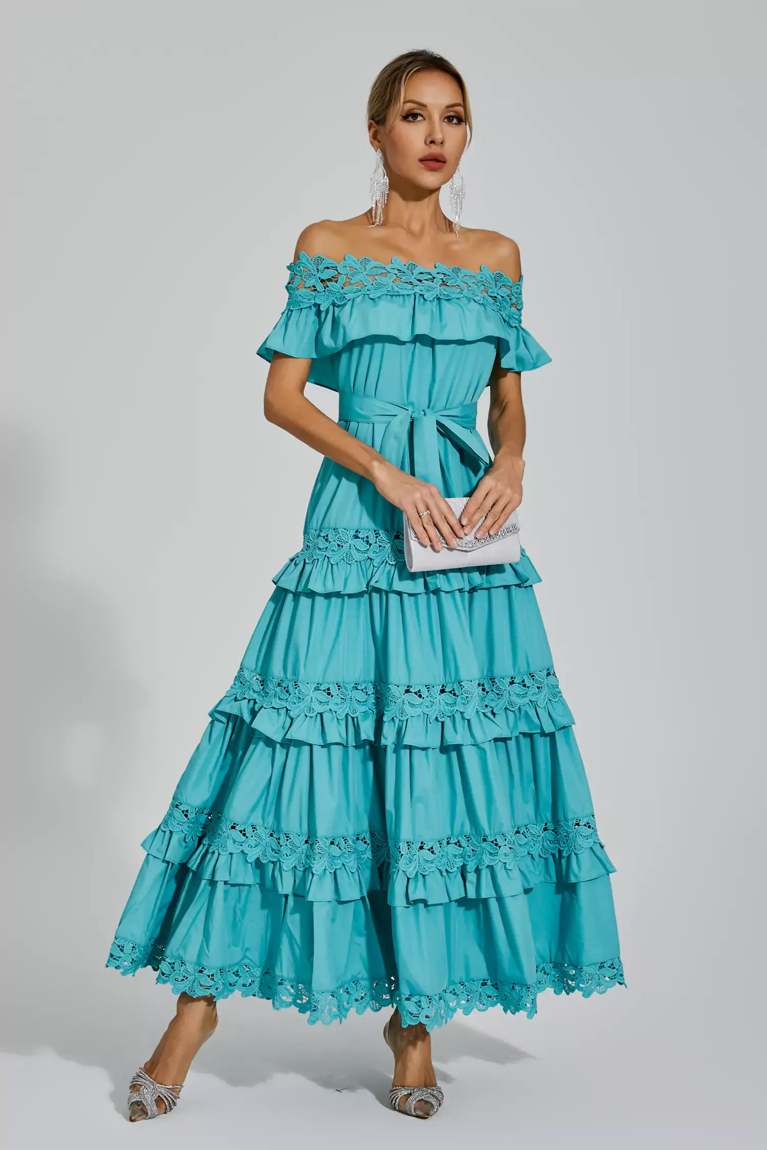 Godfery Blue Ruffle Off Shoulder Dress