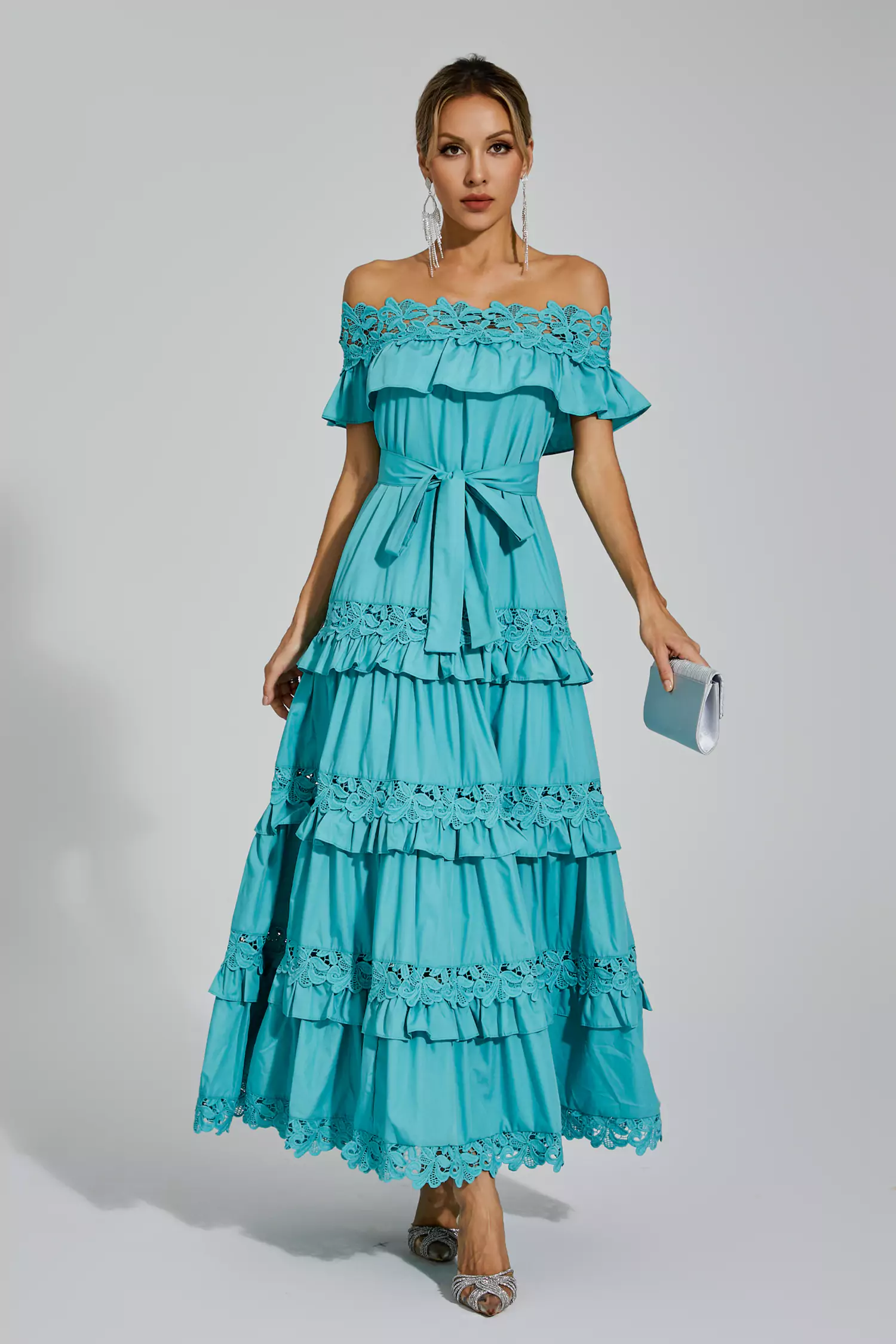 Godfery Blue Ruffle Off Shoulder Dress