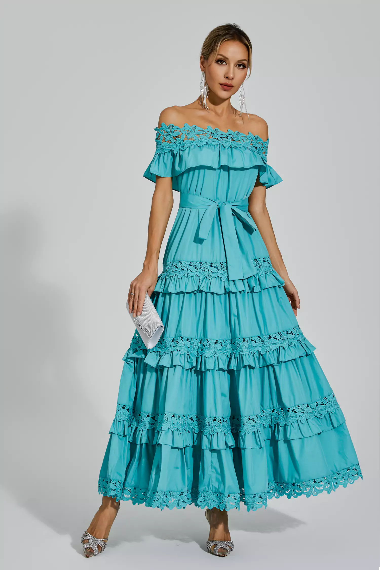 Godfery Blue Ruffle Off Shoulder Dress