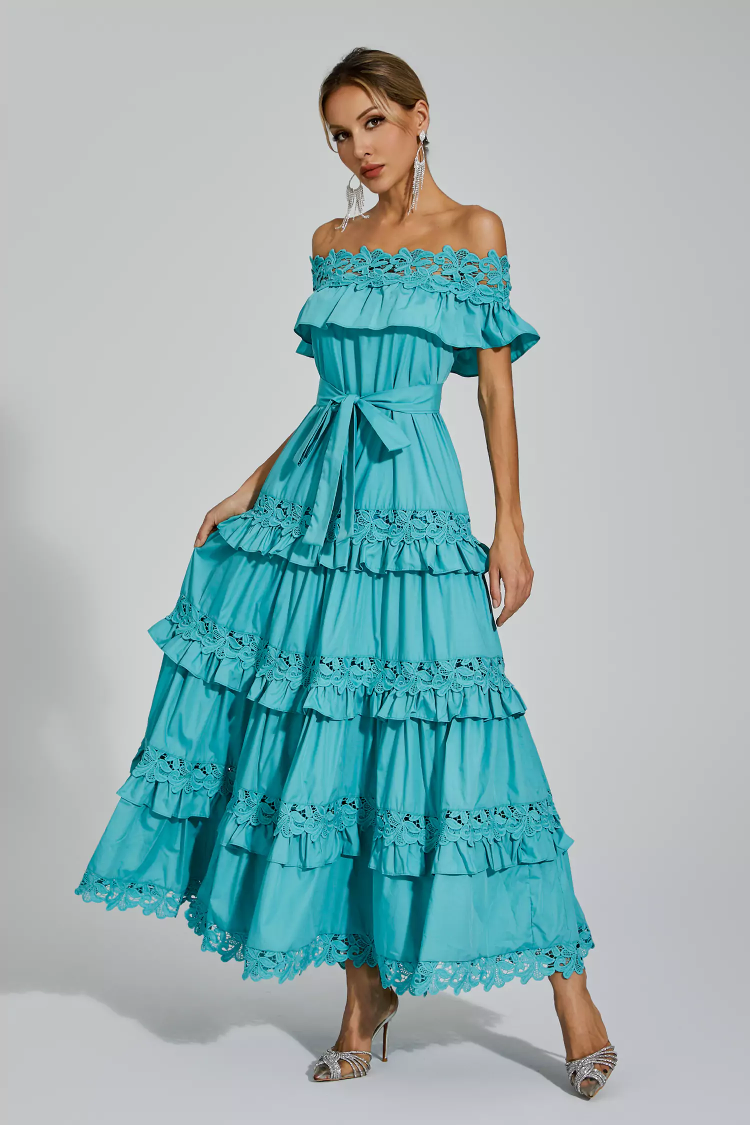 Godfery Blue Ruffle Off Shoulder Dress