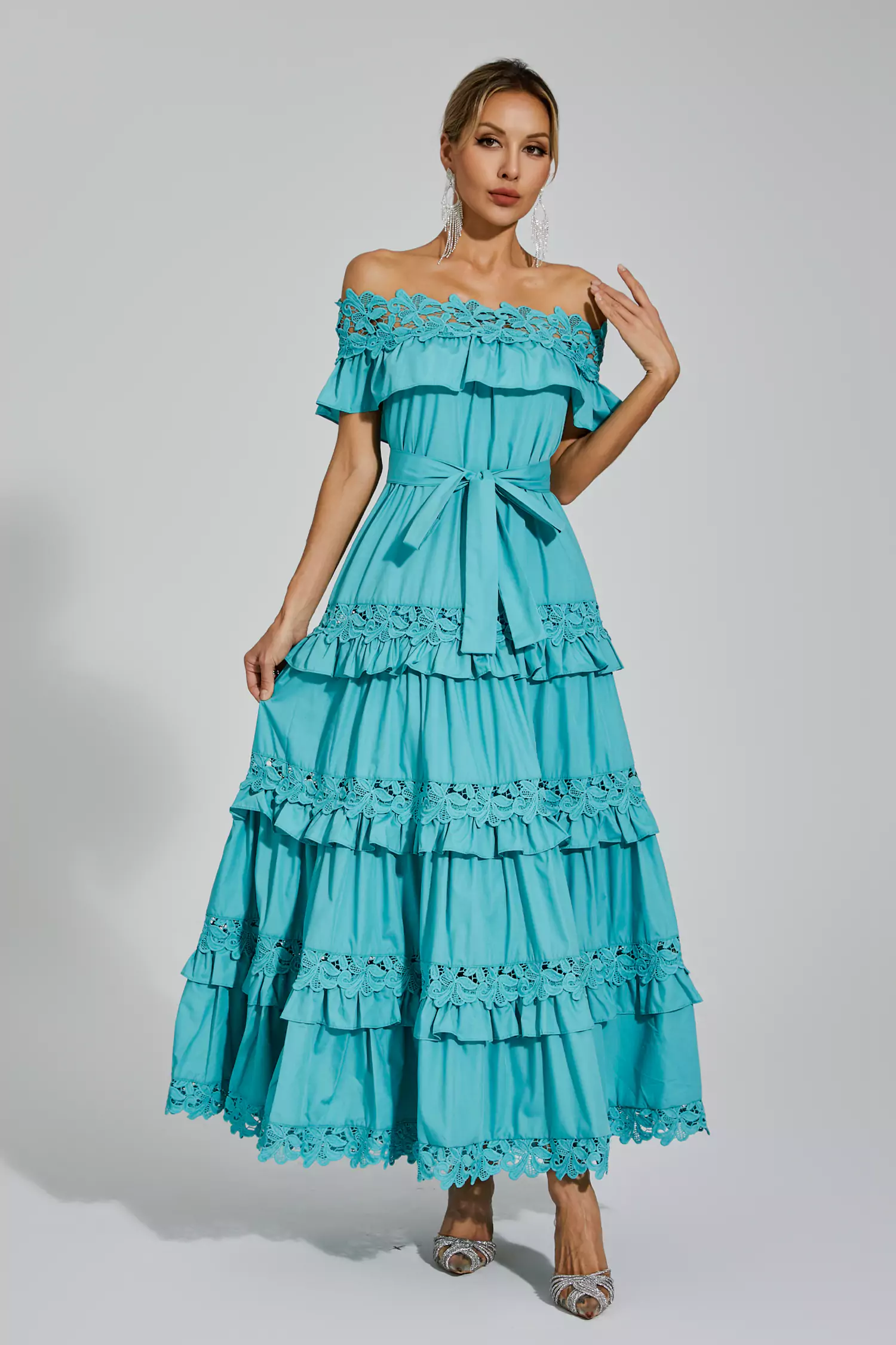 Godfery Blue Ruffle Off Shoulder Dress