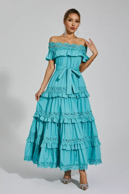 Godfery Blue Ruffle Off Shoulder Dress