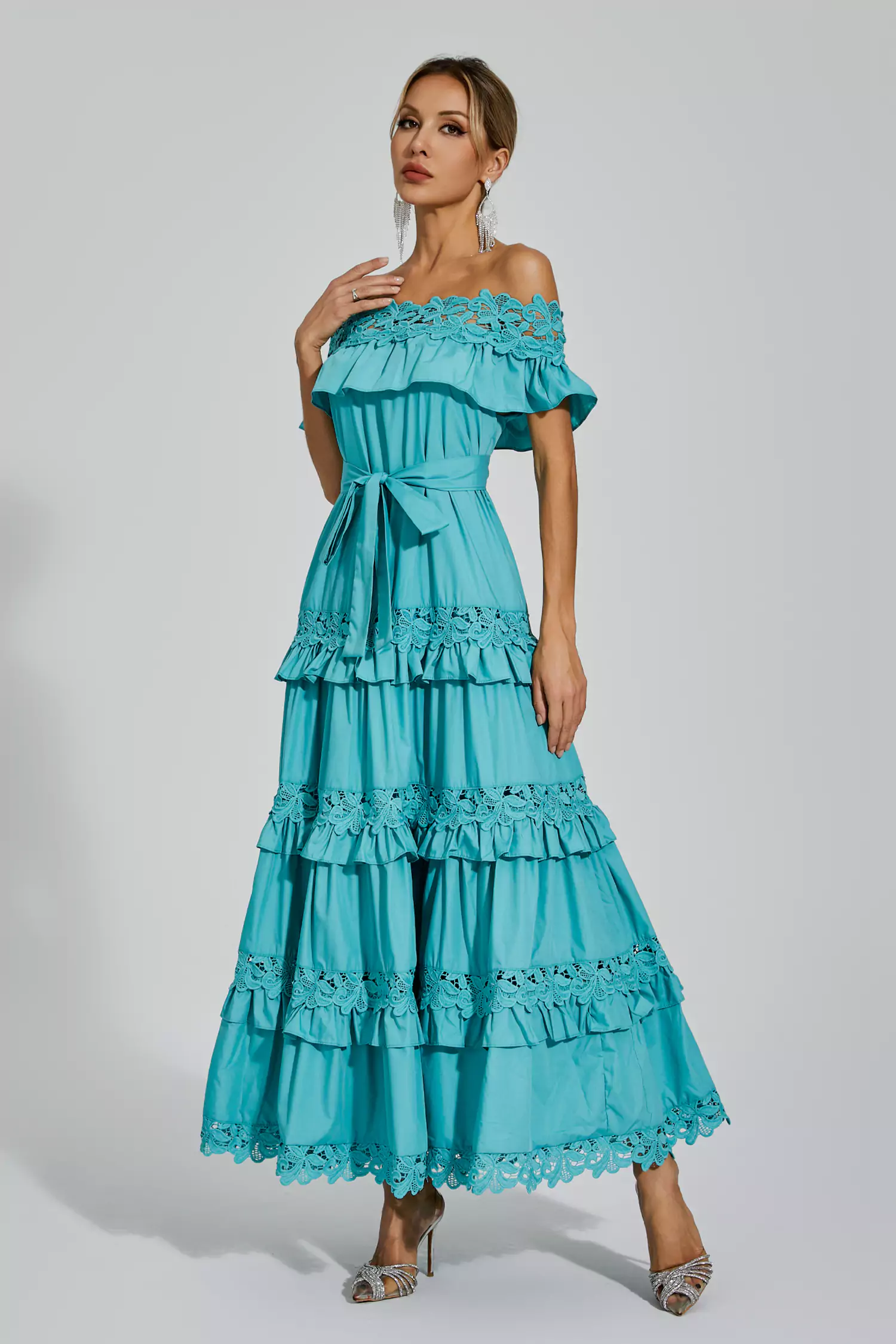 Godfery Blue Ruffle Off Shoulder Dress