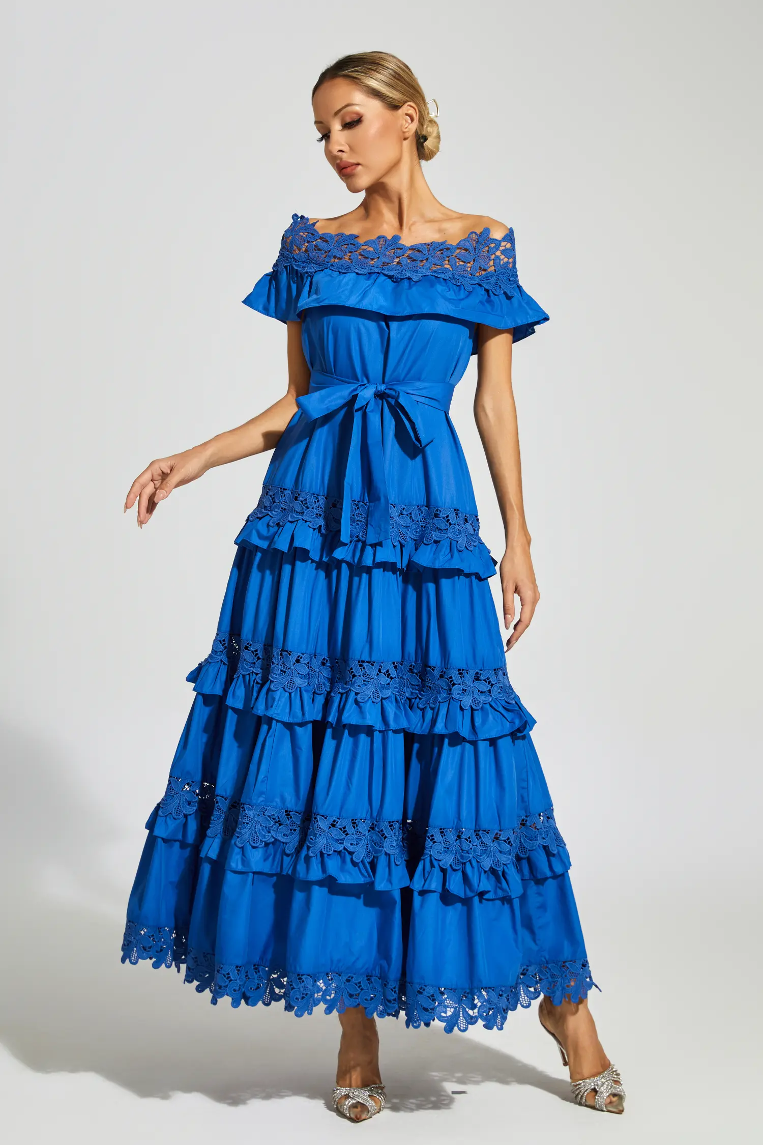 Godfery Marine Blue Ruffle Off Shoulder Dress