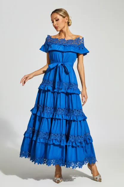 Godfery Marine Blue Ruffle Off Shoulder Dress