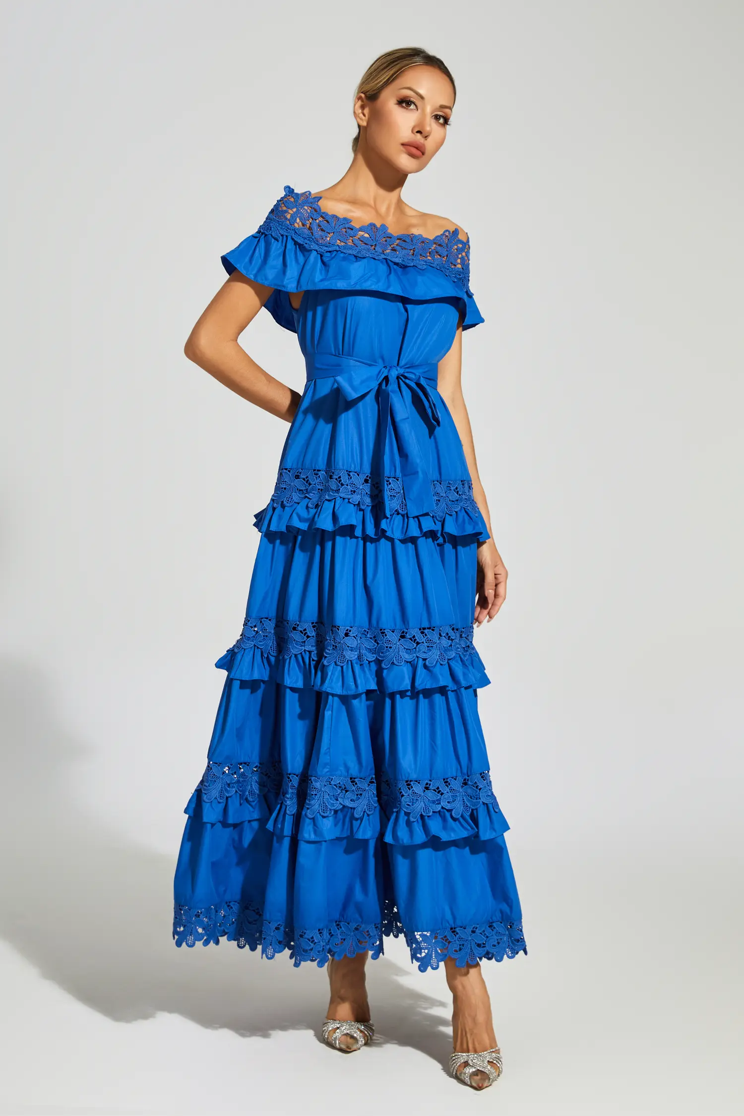 Godfery Marine Blue Ruffle Off Shoulder Dress