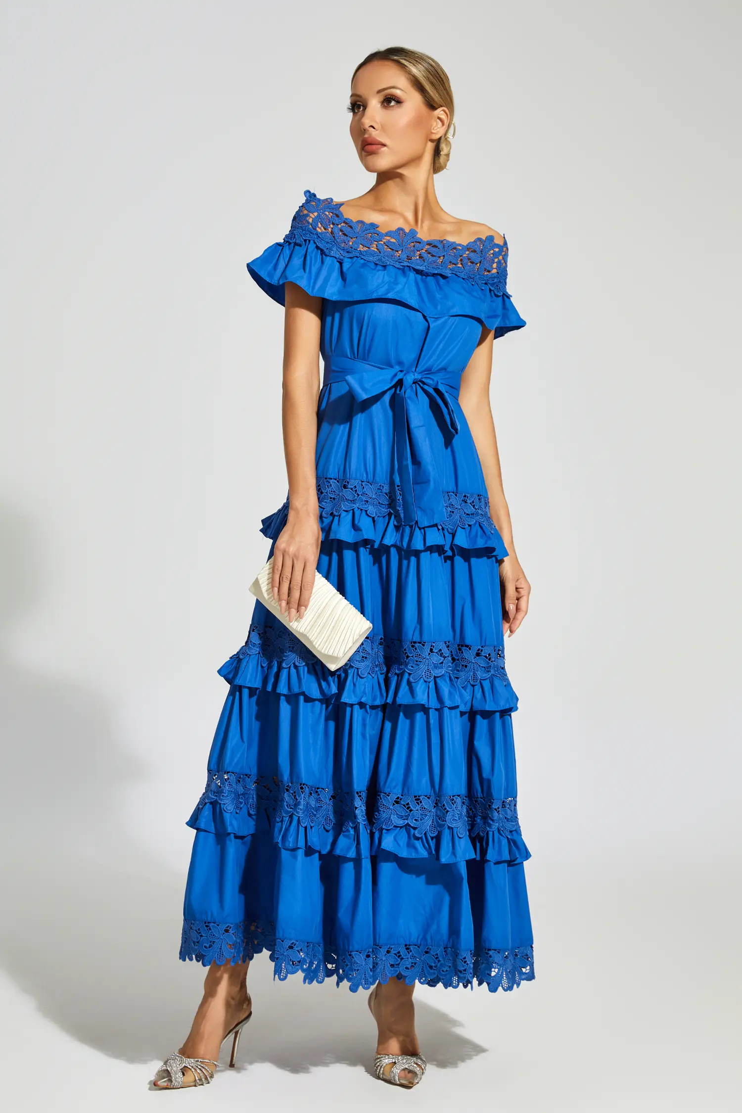 Godfery Marine Blue Ruffle Off Shoulder Dress