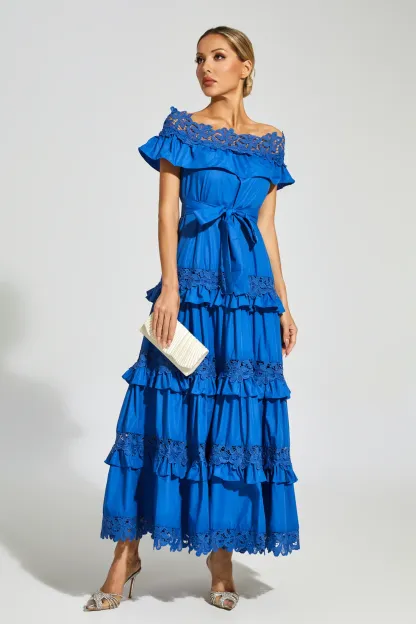 Godfery Marine Blue Ruffle Off Shoulder Dress