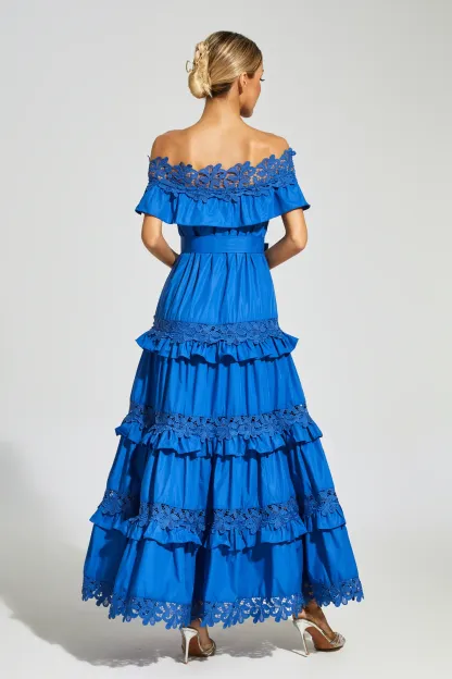 Godfery Marine Blue Ruffle Off Shoulder Dress