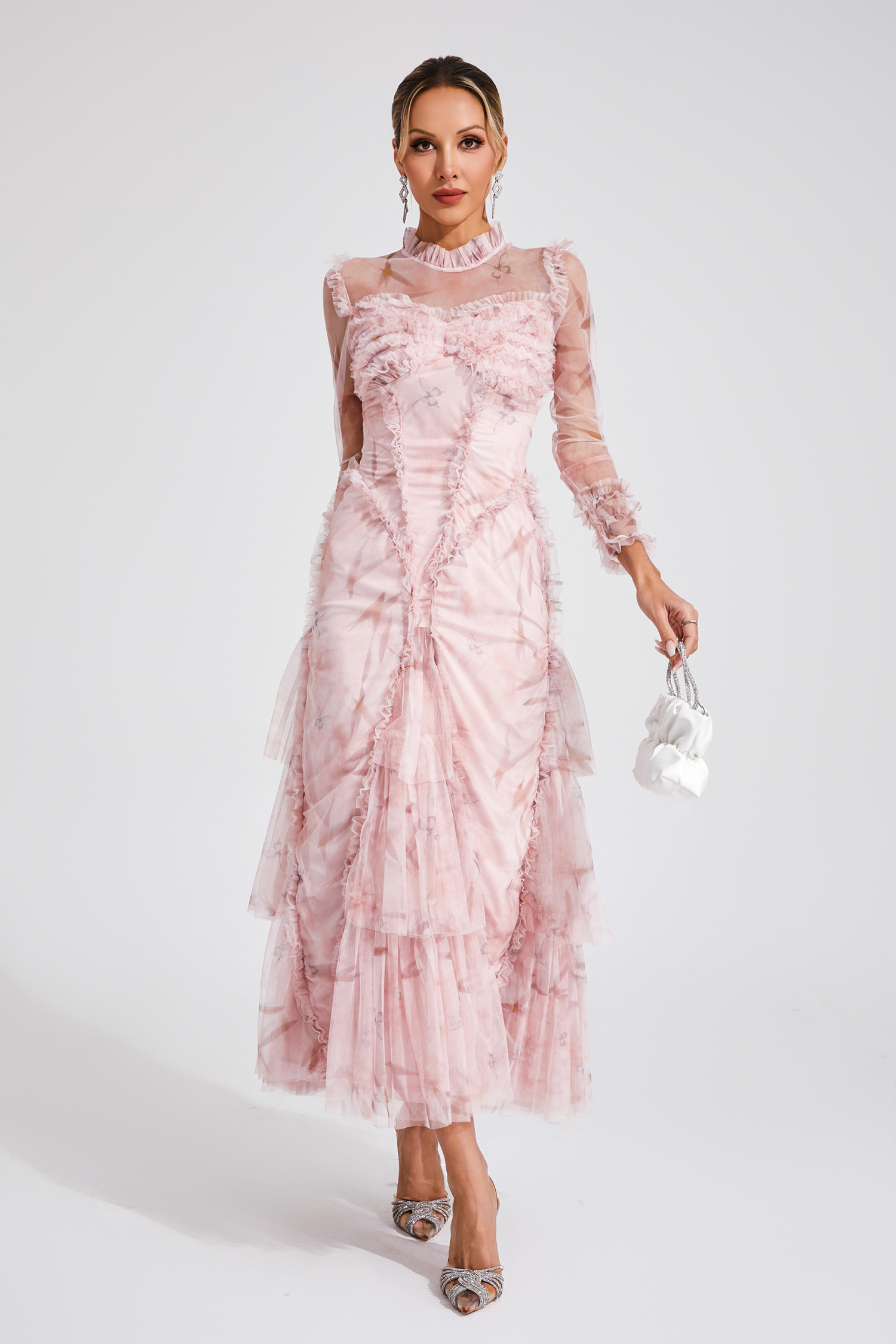 Deirdre Pink Mesh Ruched Maxi Dress