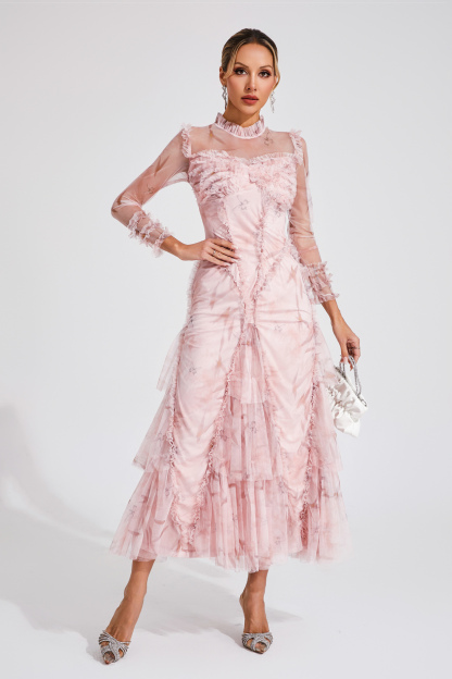 Deirdre Pink Mesh Ruched Maxi Dress