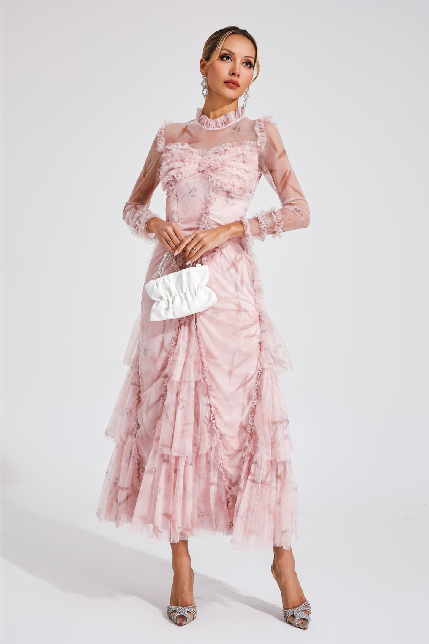 Deirdre Pink Mesh Ruched Maxi Dress