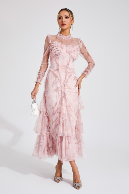 Deirdre Pink Mesh Ruched Maxi Dress